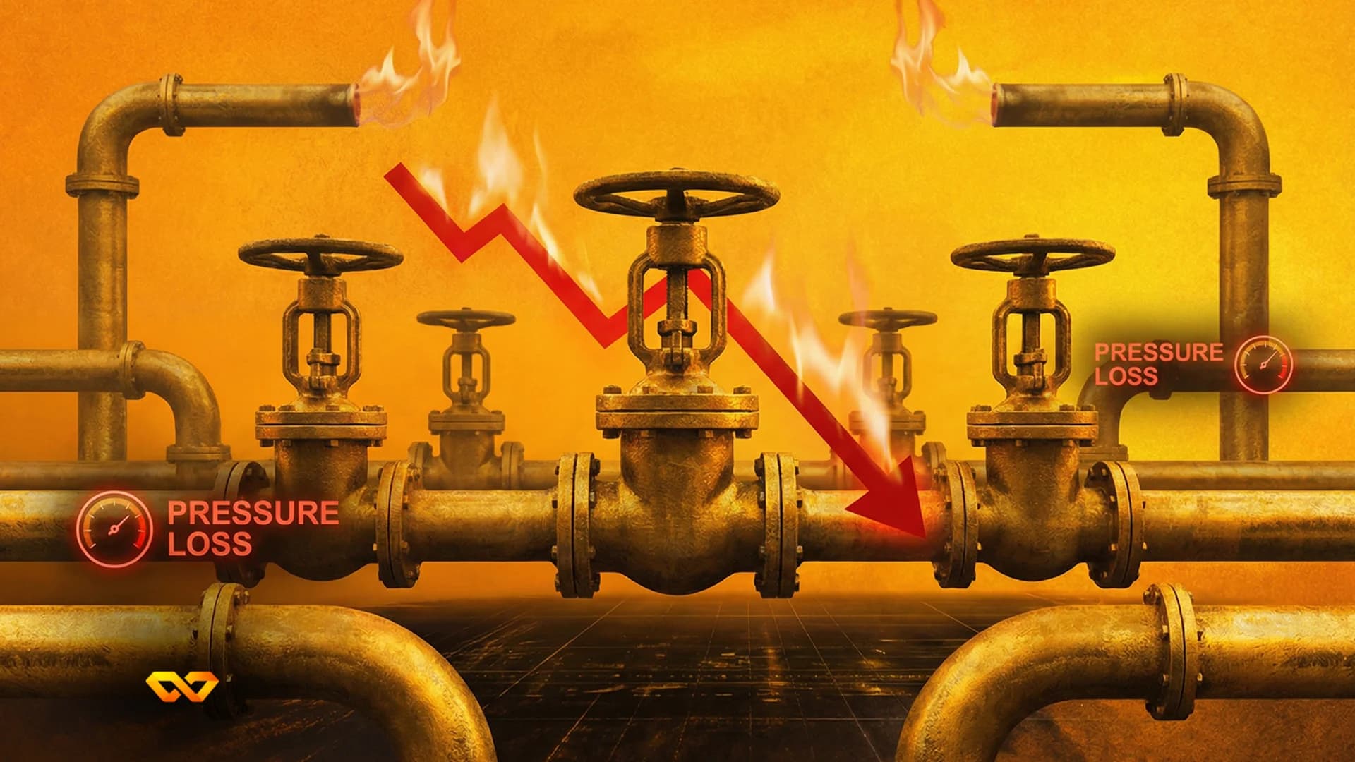 A network of rusty metal pipes with valves, showing flames and two 'PRESSURE LOSS' gauges. A red arrow points downwards across the scene.
