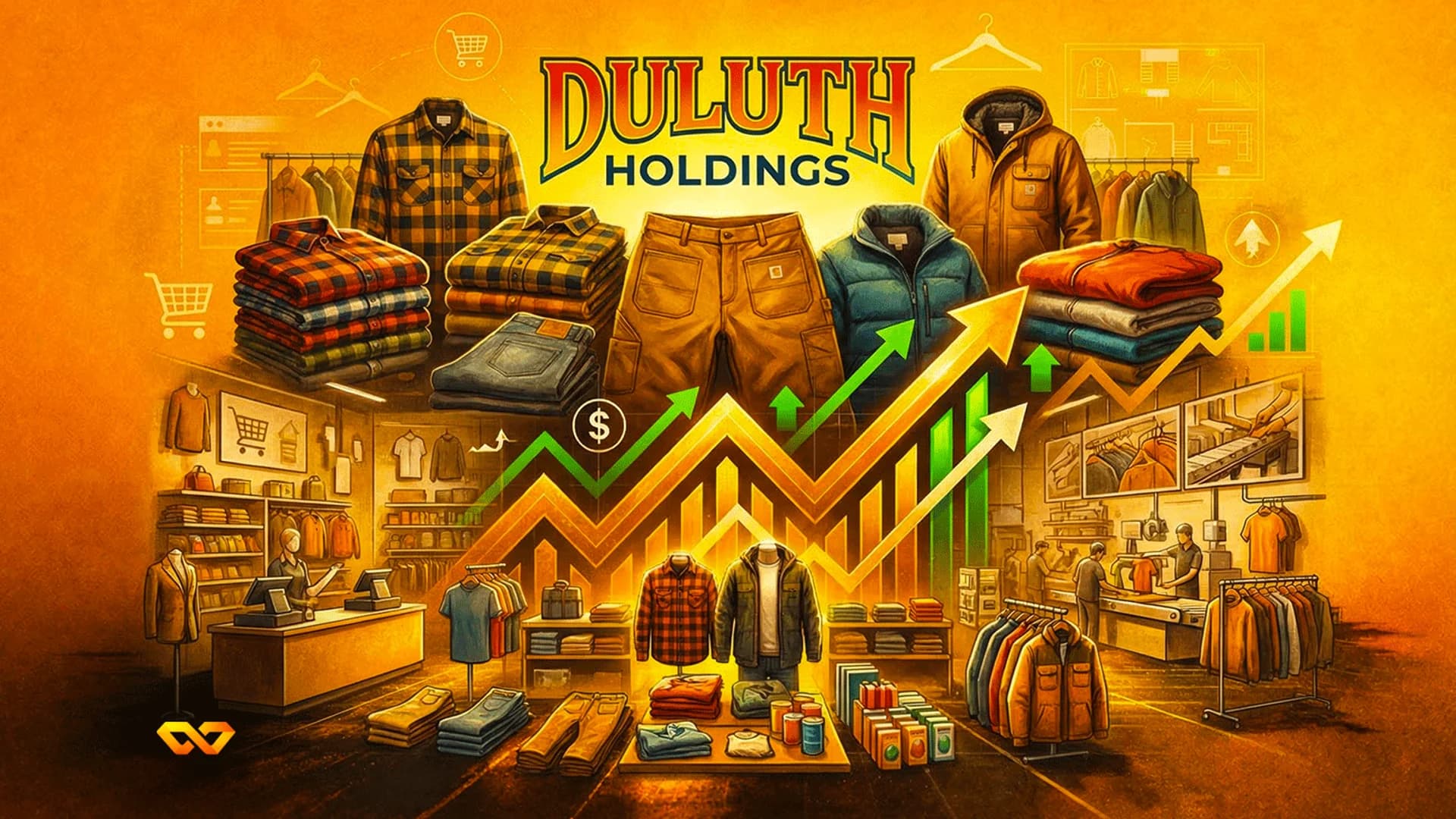Illustration of various clothing items like shirts, pants, and jackets, with retail and manufacturing scenes. Upward arrows and a dollar sign indicate growth. 'DULUTH HOLDINGS' logo is prominent.