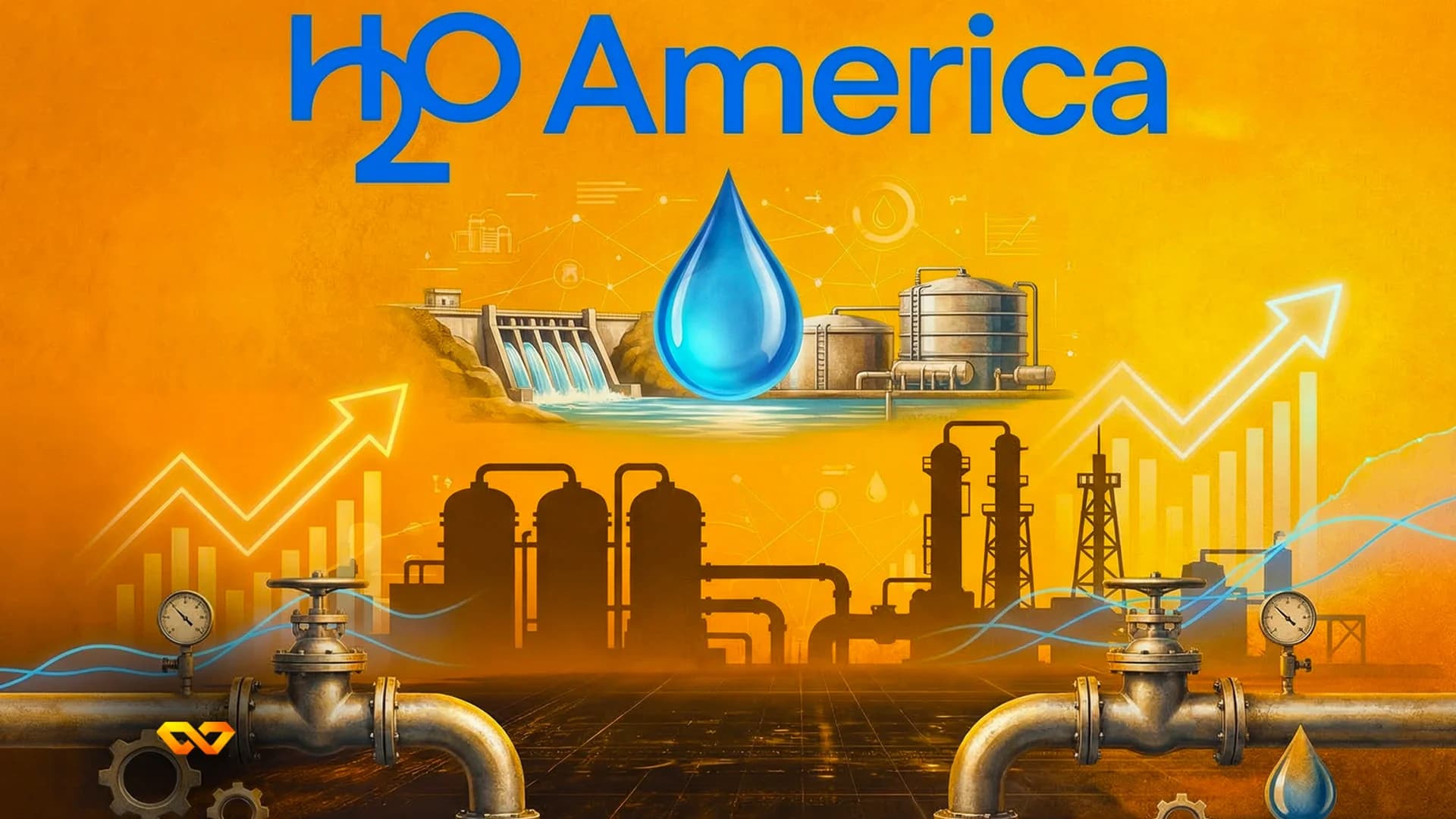 Blue 'H₂O America' text above a water drop, dam, industrial tanks, and pipes with gauges on an orange background.