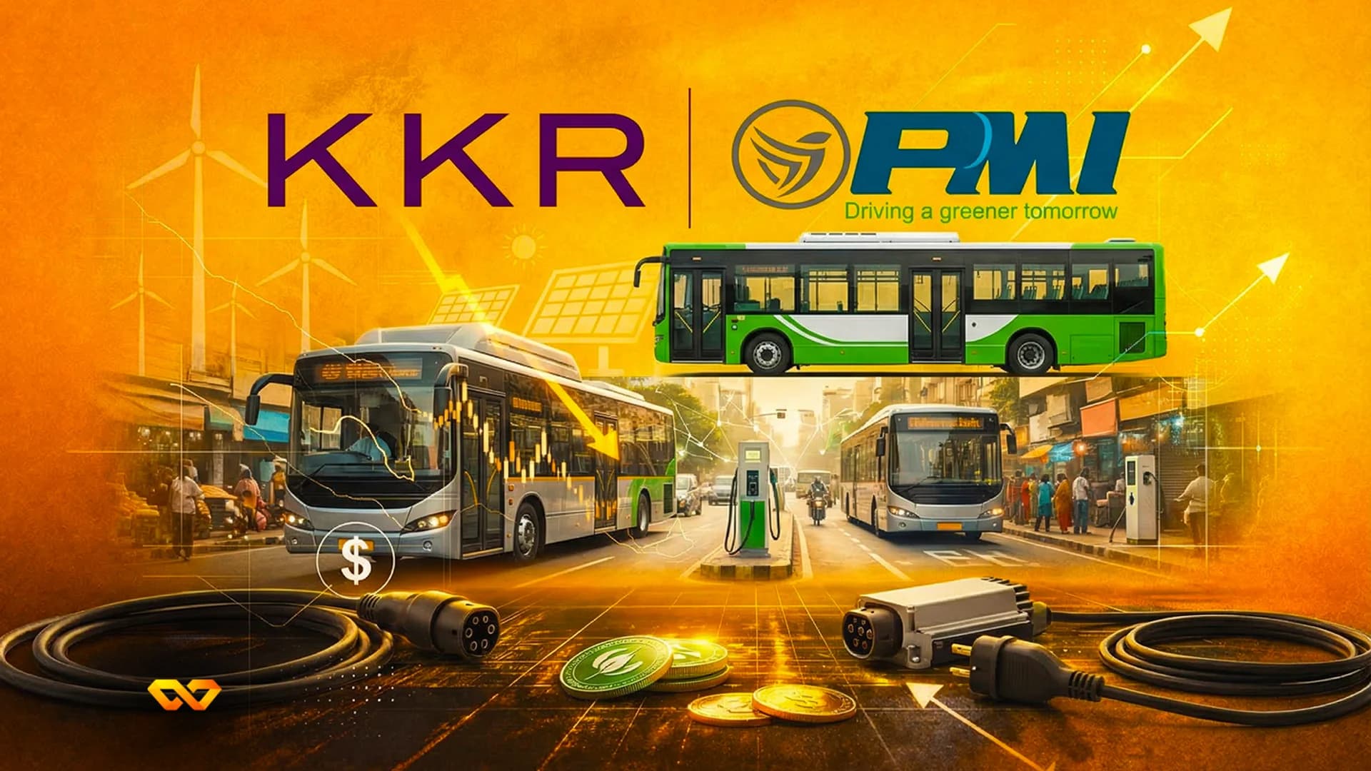 شعار KKR مع شاشة تعرض مؤشر مديري المشتريات وبيانات أسهم إلكترونيات
