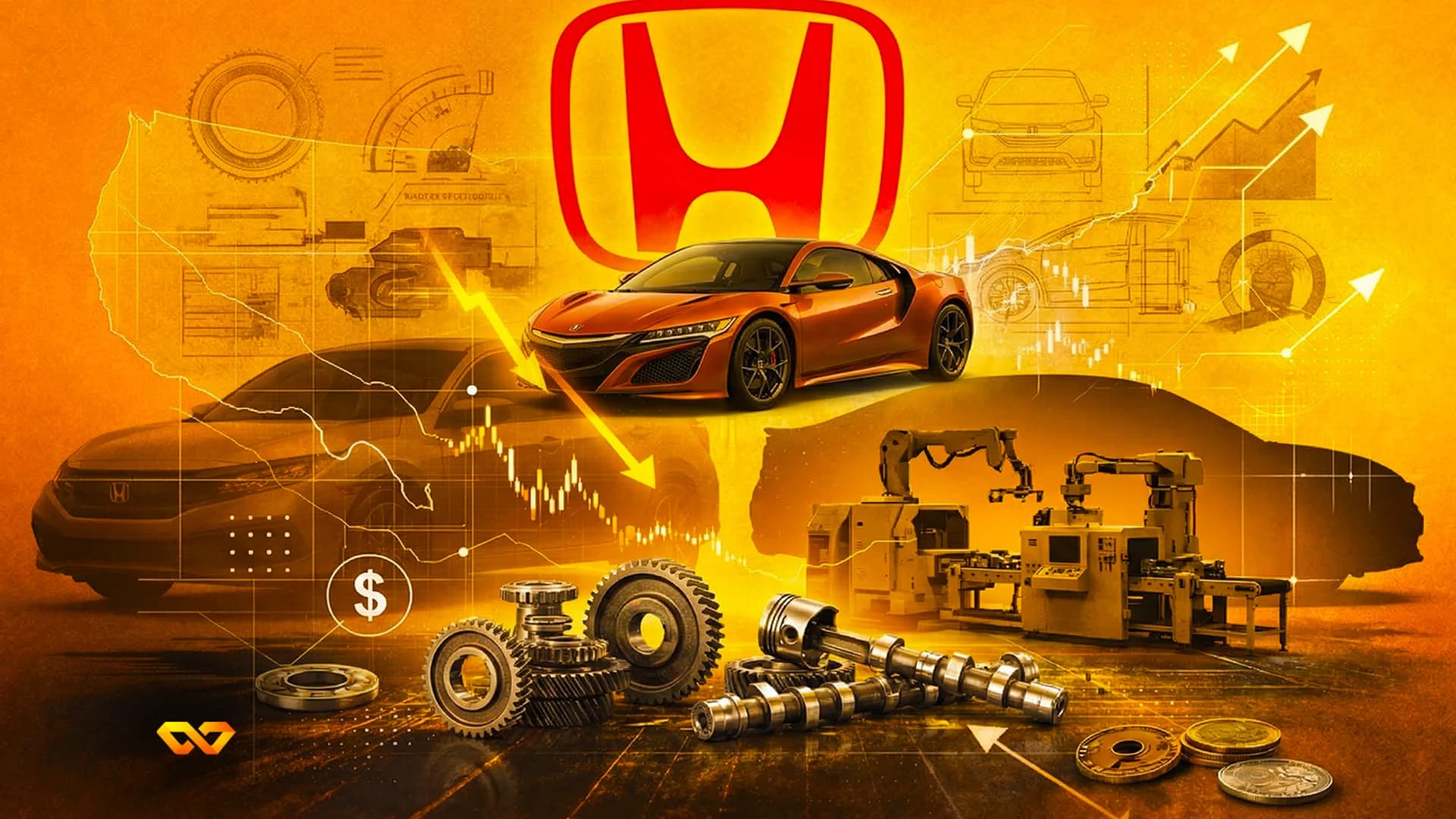 An orange sports car and car schematics under a red Honda logo, with financial charts, gears, pistons, and factory machinery.