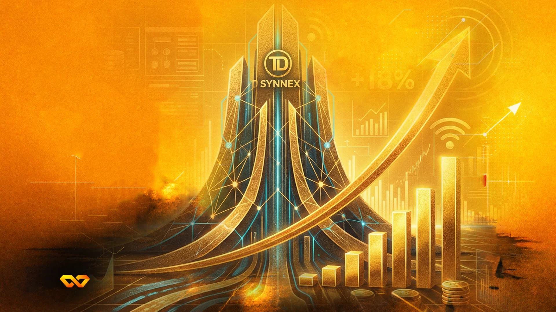 TD SYNNEX logo on a modern office building with an urban background