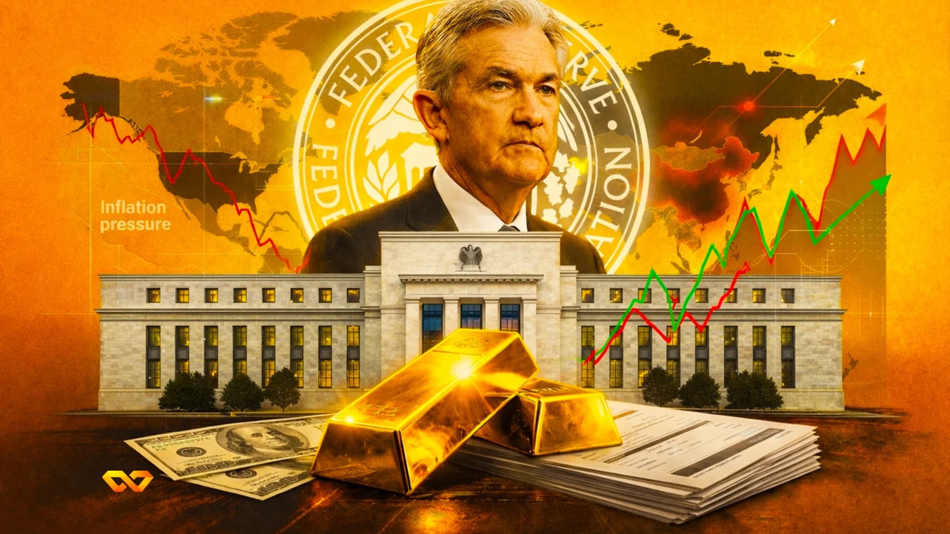 مبنى الاحتياطي الفيدرالي الأمريكي في واشنطن مع العلم الأمريكي