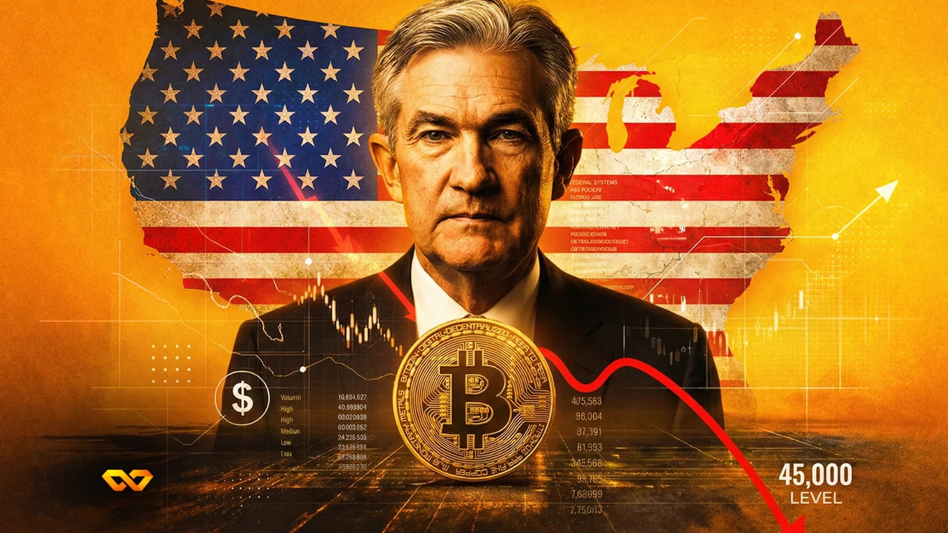 A man in a suit stands before a US flag map, with a large golden Bitcoin coin in the foreground. Financial charts, a dollar sign, and red downward arrows indicating a drop to 45,000 level are overlaid