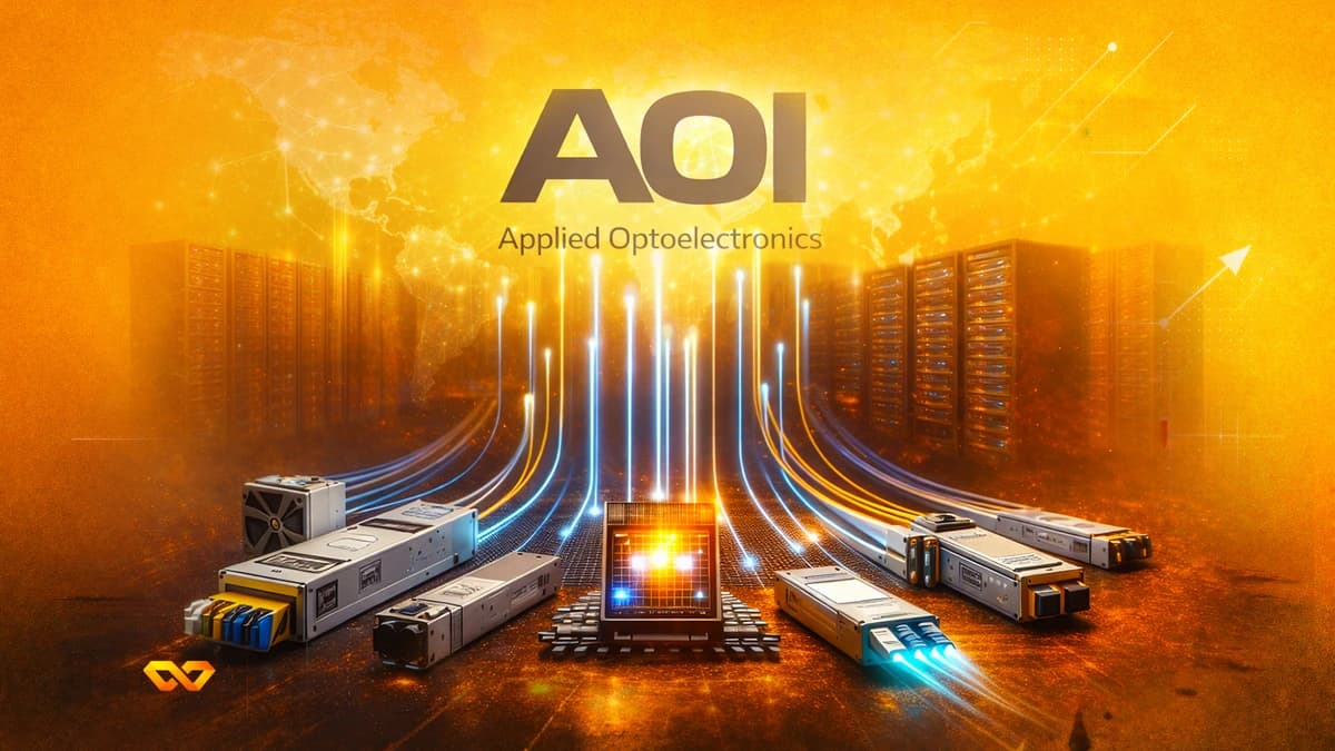 AOI Applied Optoelectronics logo above optical transceivers and a chip, with data centers and a glowing world map in the background.
