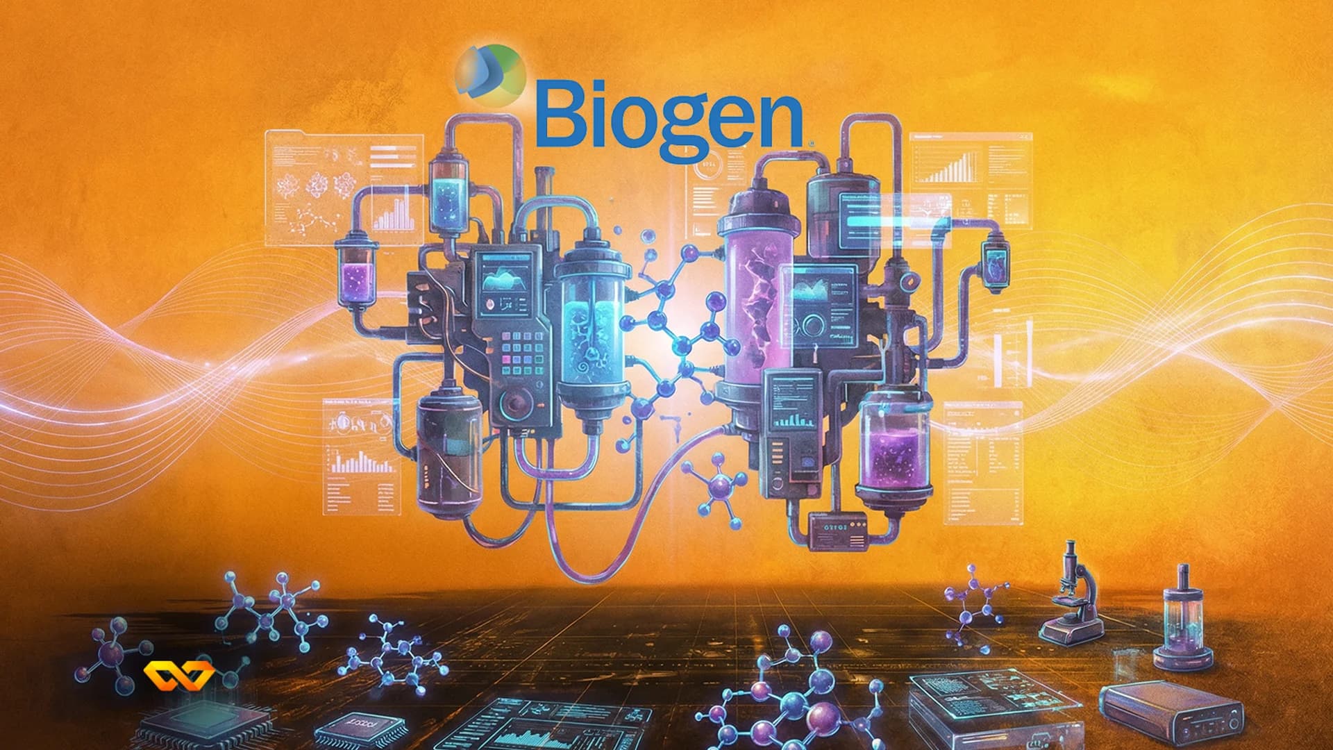 Biogen logo on the exterior of a biotech company building