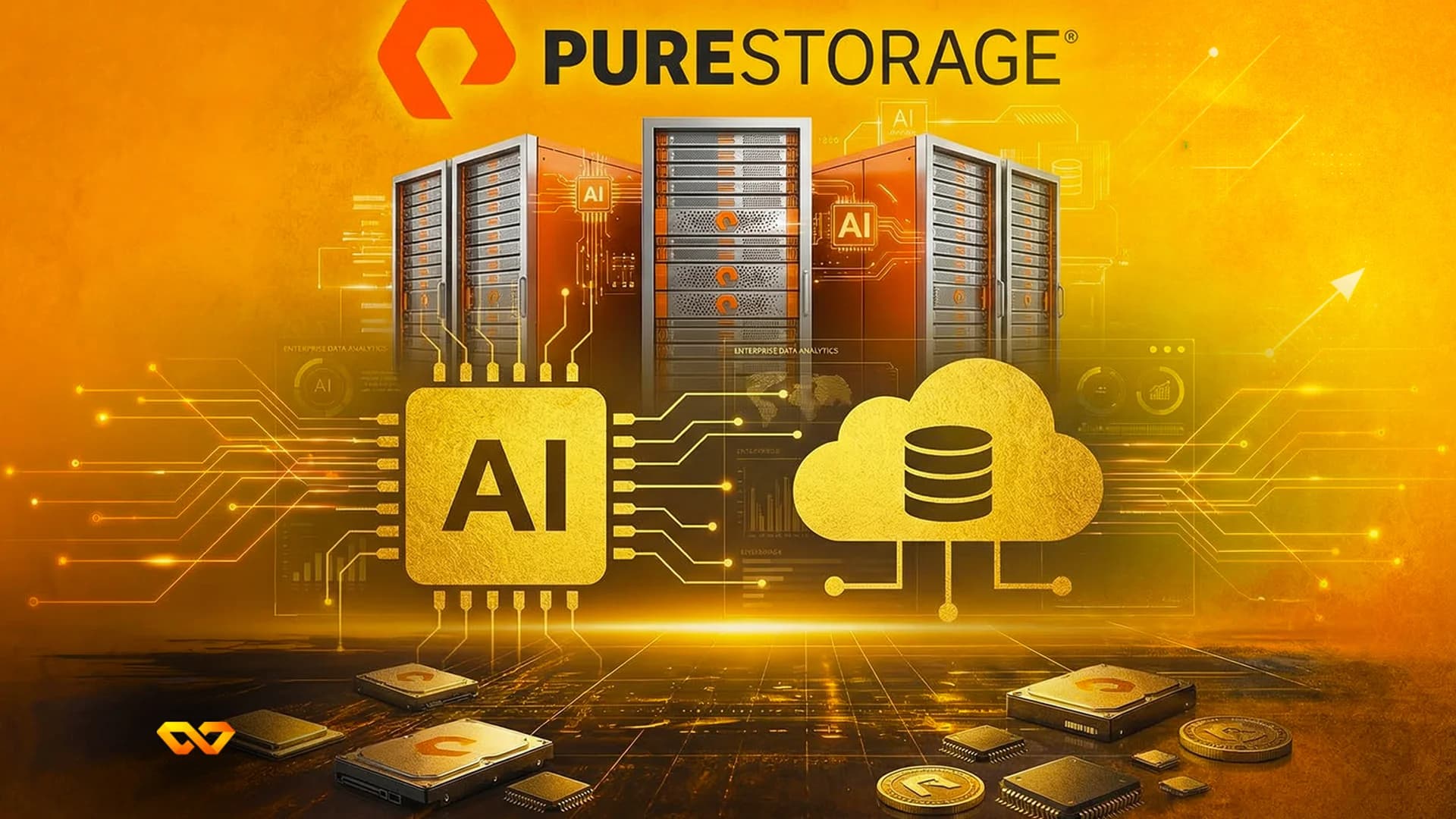 Golden AI chip, cloud database, and server racks on an orange background with circuit lines. Pure Storage logo at top.