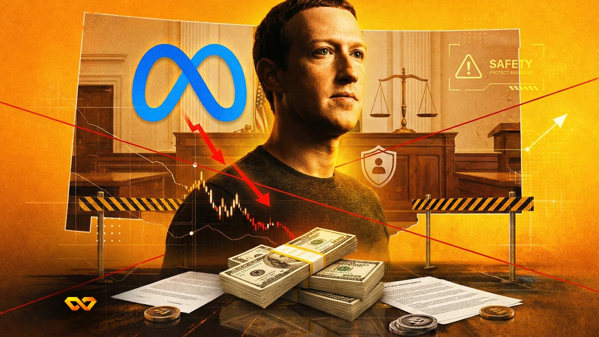 Mark Zuckerberg against a courtroom backdrop with the Meta logo, financial charts showing decline, stacks of dollars, documents, and warning signs.