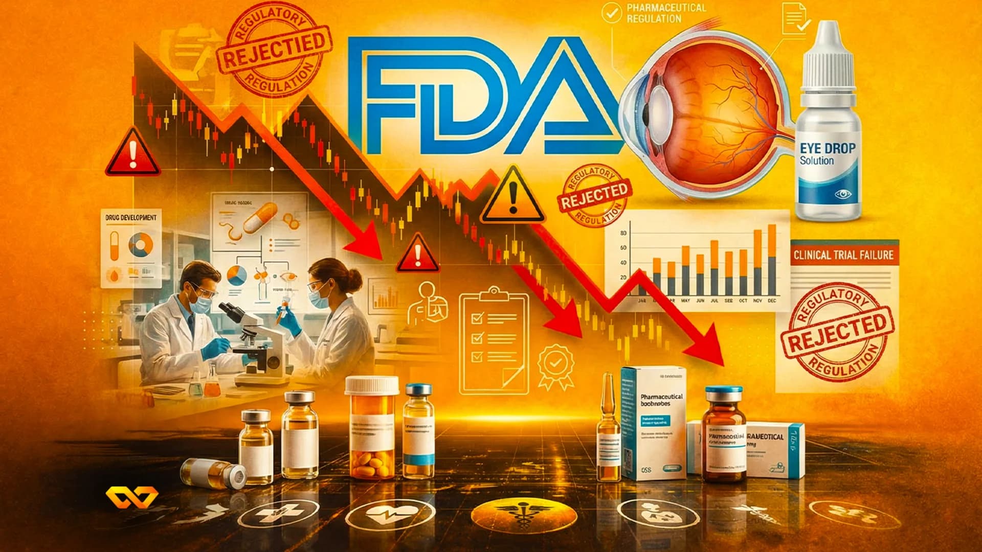 Illustration of FDA logo, scientists in a lab, medical products, charts, and 'Rejected' stamps, symbolizing drug development failure.