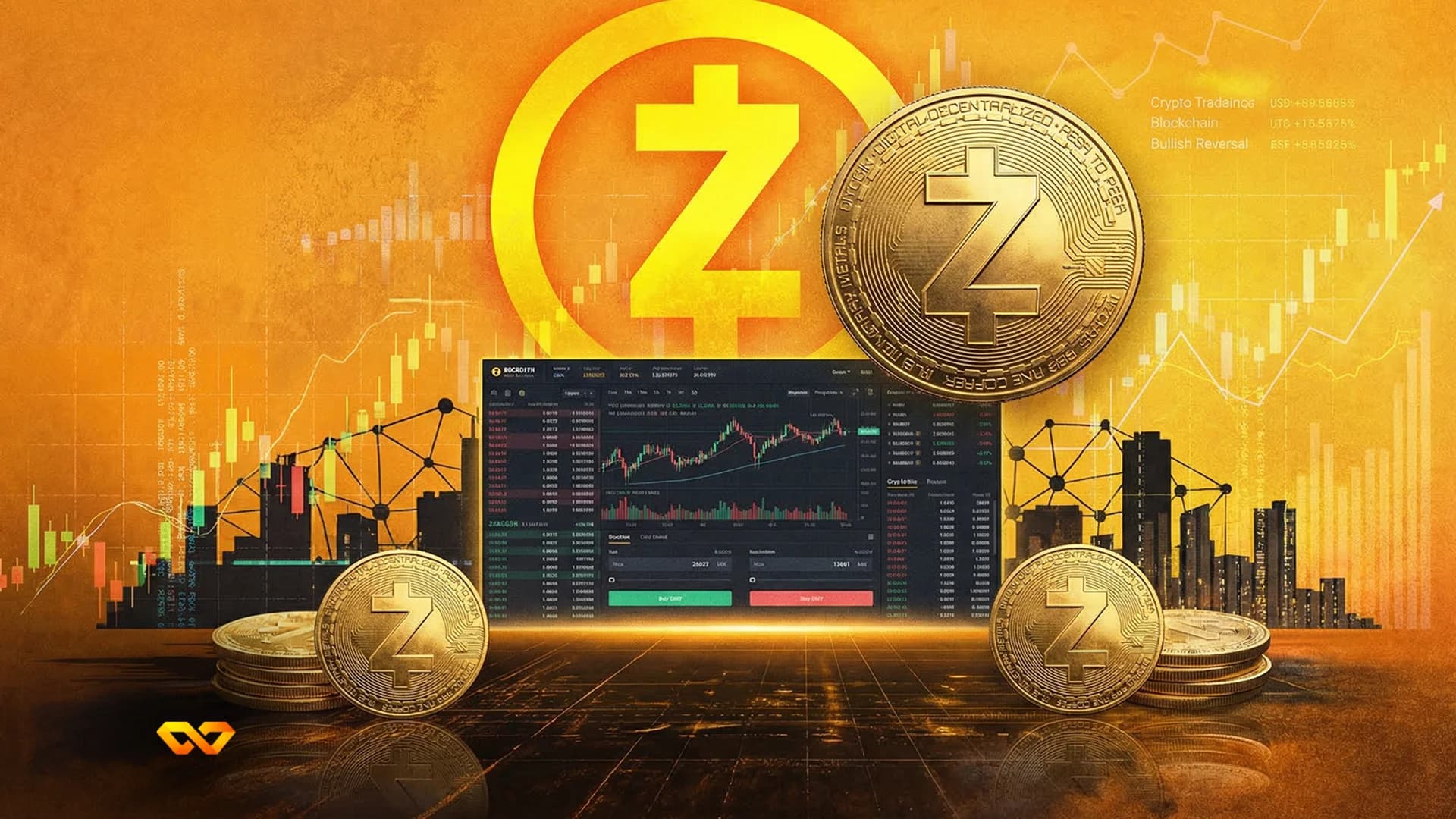 Golden Zcash (ZEC) logo and coins with a digital trading interface showing charts and data, set against an orange background with financial graphs and city silhouettes.