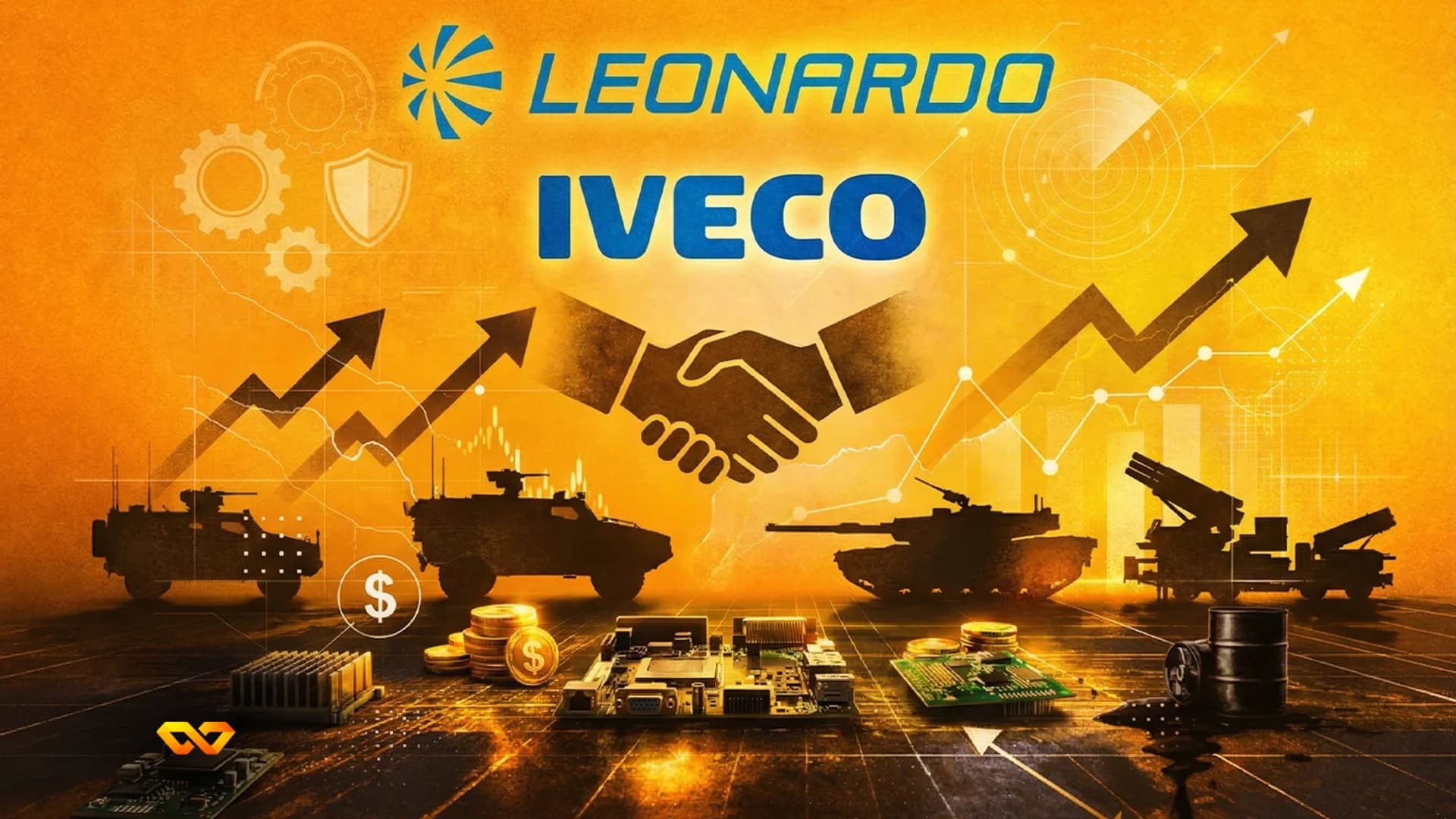 Blue 'LEONARDO' and 'IVECO' logos above a handshake. Military vehicles, circuit boards, coins, and oil barrels are below, with upward arrows and charts on an orange background.