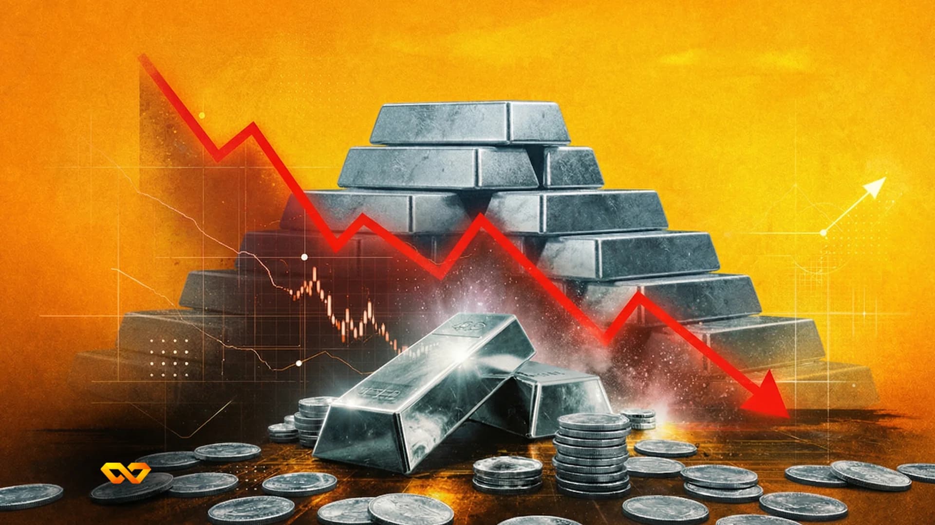 قضبان فضية مكدسة على شكل هرم وعملات معدنية متناثرة على خلفية برتقالية مع خط اتجاه أحمر هابط ورسوم بيانية مالية.