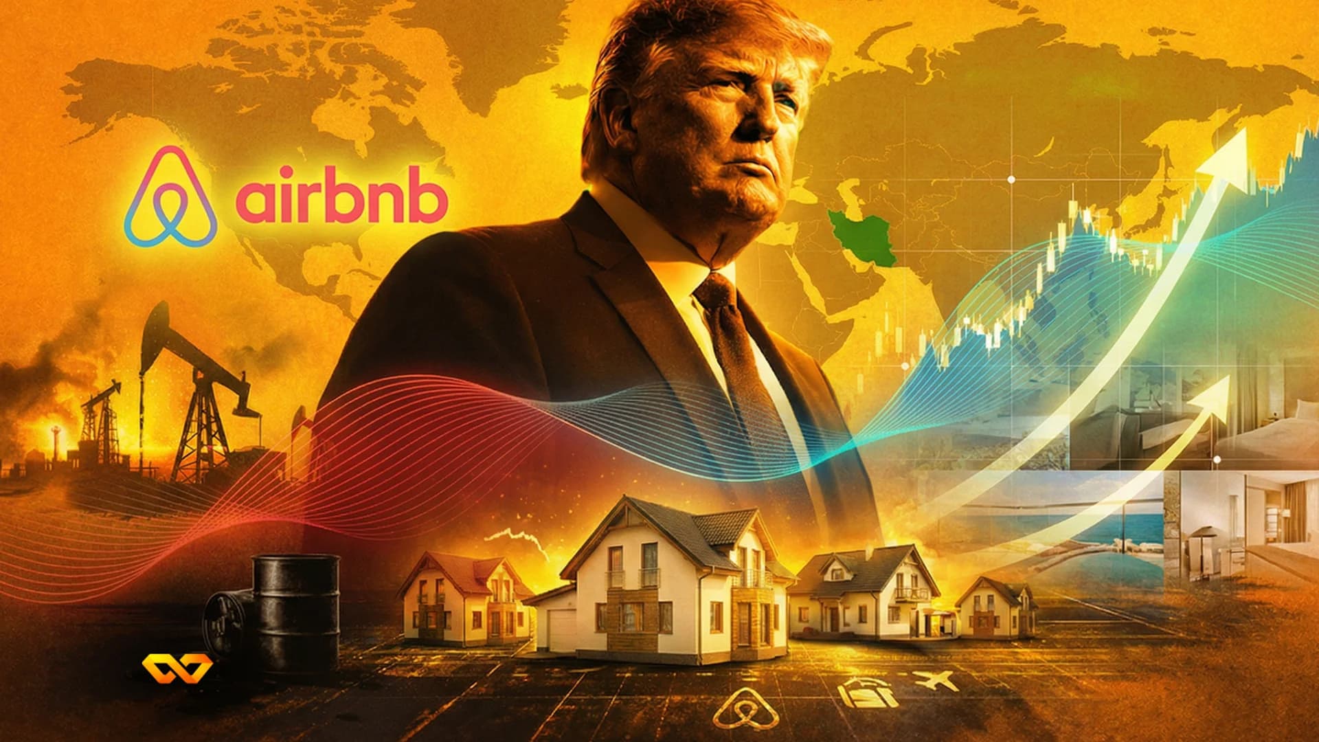 Donald Trump con el logo de Airbnb en un teléfono y fondo de mercado financiero