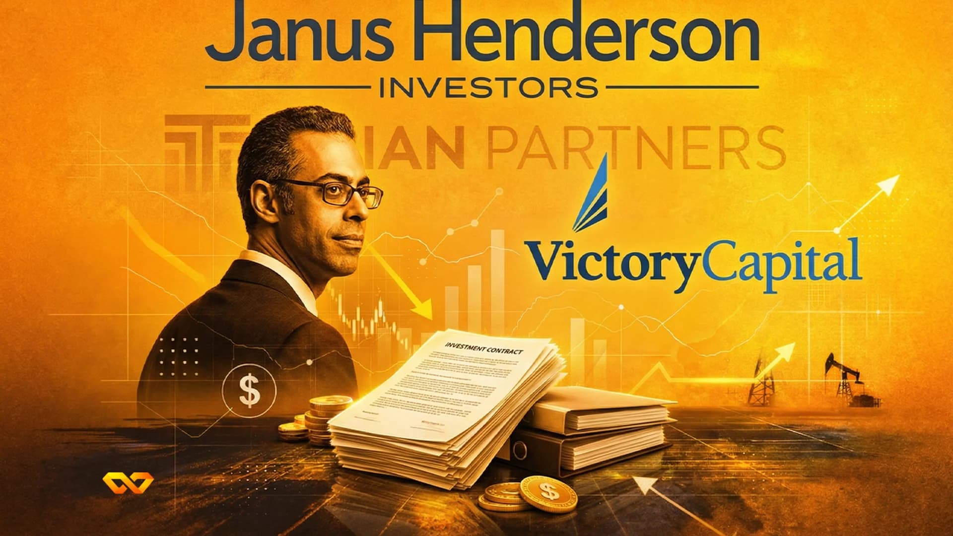 شعار جانوس هندرسون على واجهة مكتب حديث مع شاشة تعرض حركة الأسهم