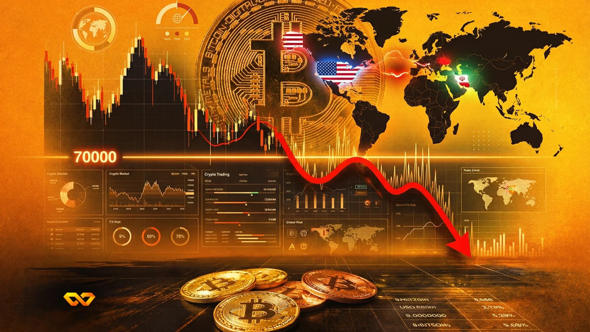 Bitcoin and Ethereum symbols on a digital trading screen with a volatile price chart