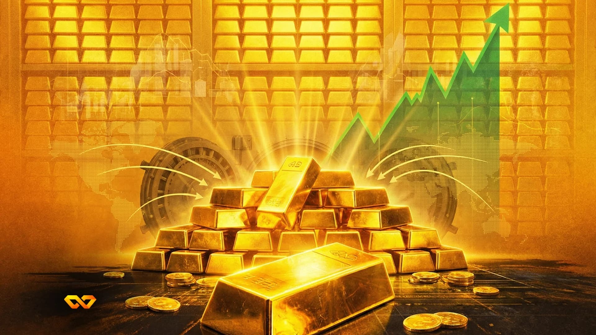 Glowing gold bars and coins on a dark surface. Gold vault background with a world map and a green upward trend line. Orange logo.