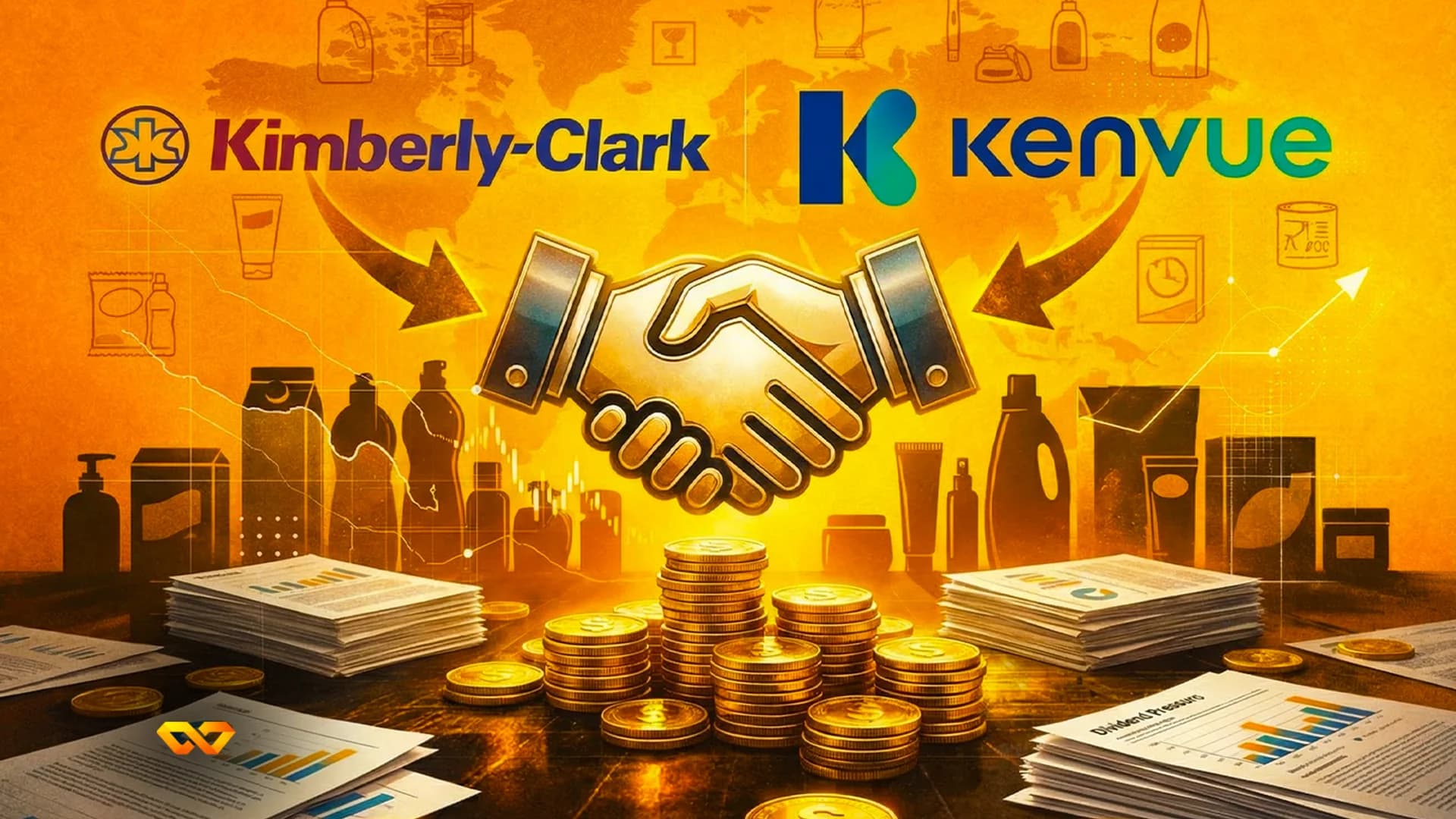 Kimberly-Clark and Kenvue logos with a golden handshake, stacks of coins, and financial documents on a world map background.
