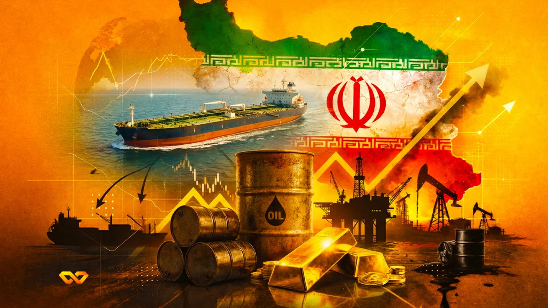 Instalación petrolera en Irán con tanques y tuberías bajo un cielo desértico