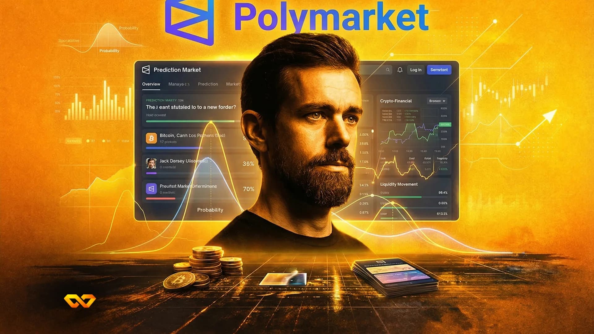 Logotipo de Polymarket en la pantalla de un móvil con gráficos de criptomonedas