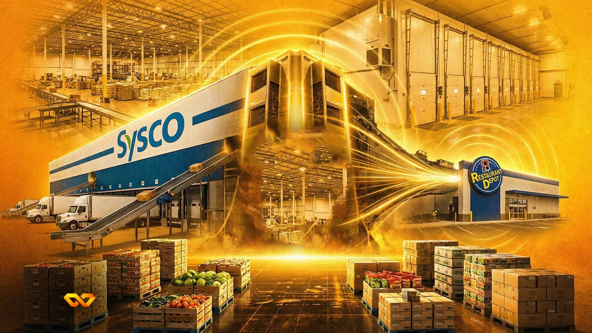 شاحنة توصيل تابعة لسيسكو أمام مستودع أغذية مع شعار الشركة