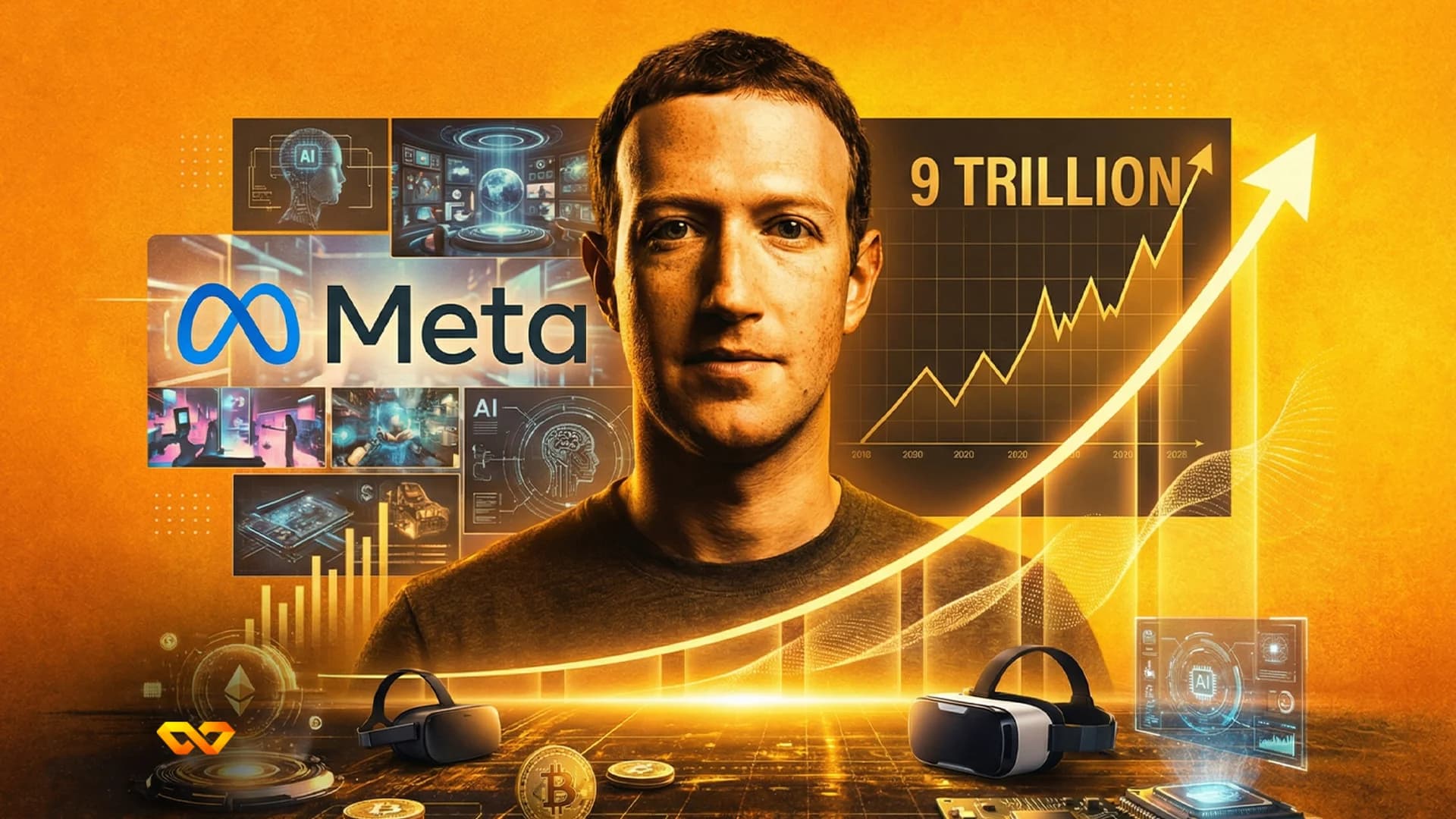 Mark Zuckerberg's portrait against an orange background, flanked by the Meta logo, a rising stock chart showing "9 TRILLION", VR headsets, Bitcoin and Ethereum logos, and AI-themed digital interfaces.