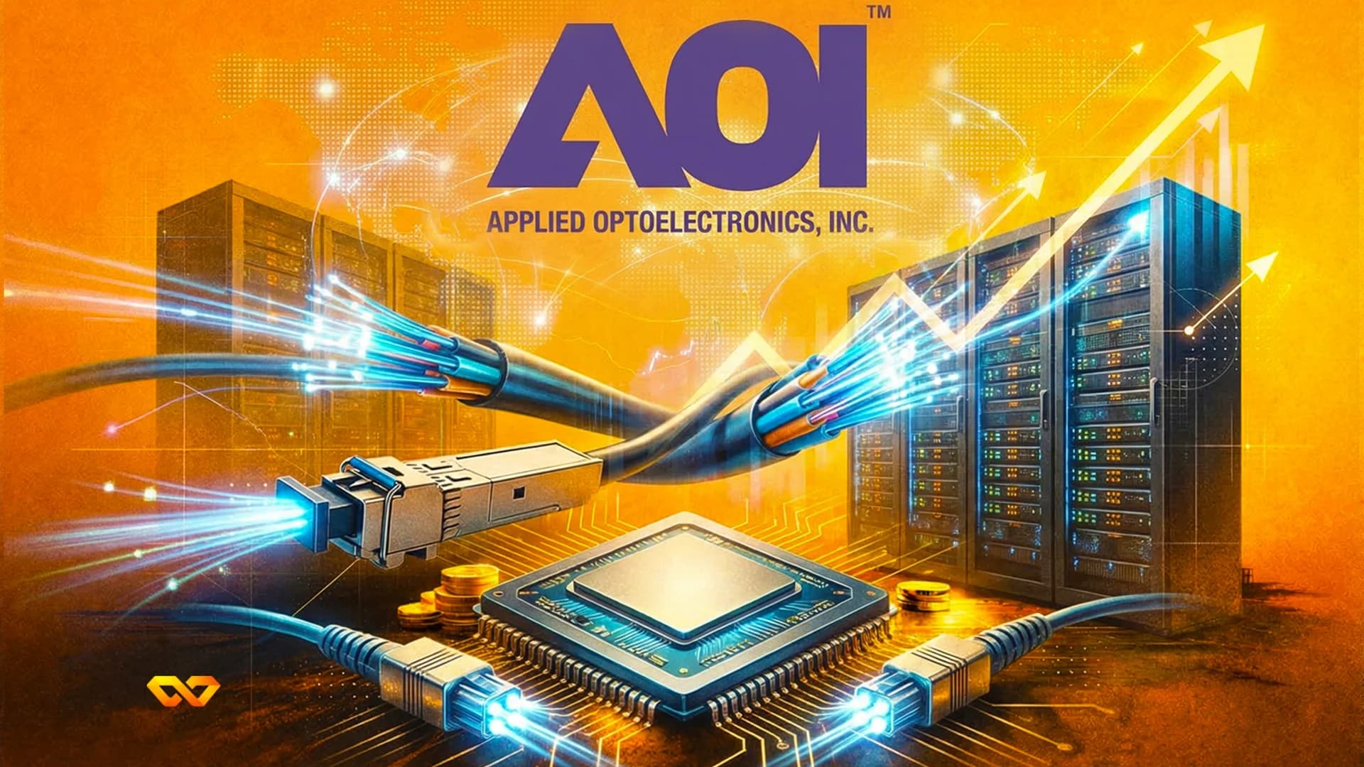 Letrero de Applied Optoelectronics en la fachada de un edificio tecnológico moderno