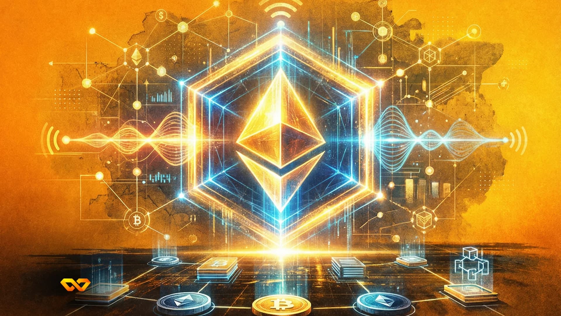 شعار إيثيريوم الرقمي على خلفية رسوم بيانية وأسعار العملات المشفرة