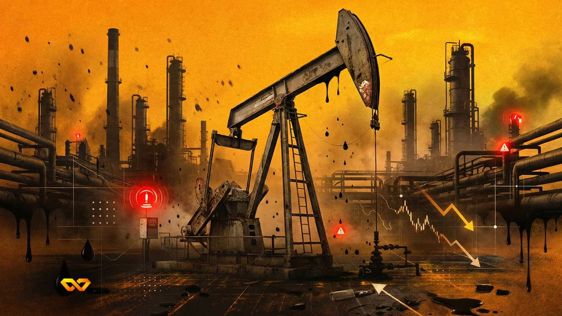 مضخة نفط أمام غروب الشمس مع شاشة تعرض حركة أسهم الطاقة