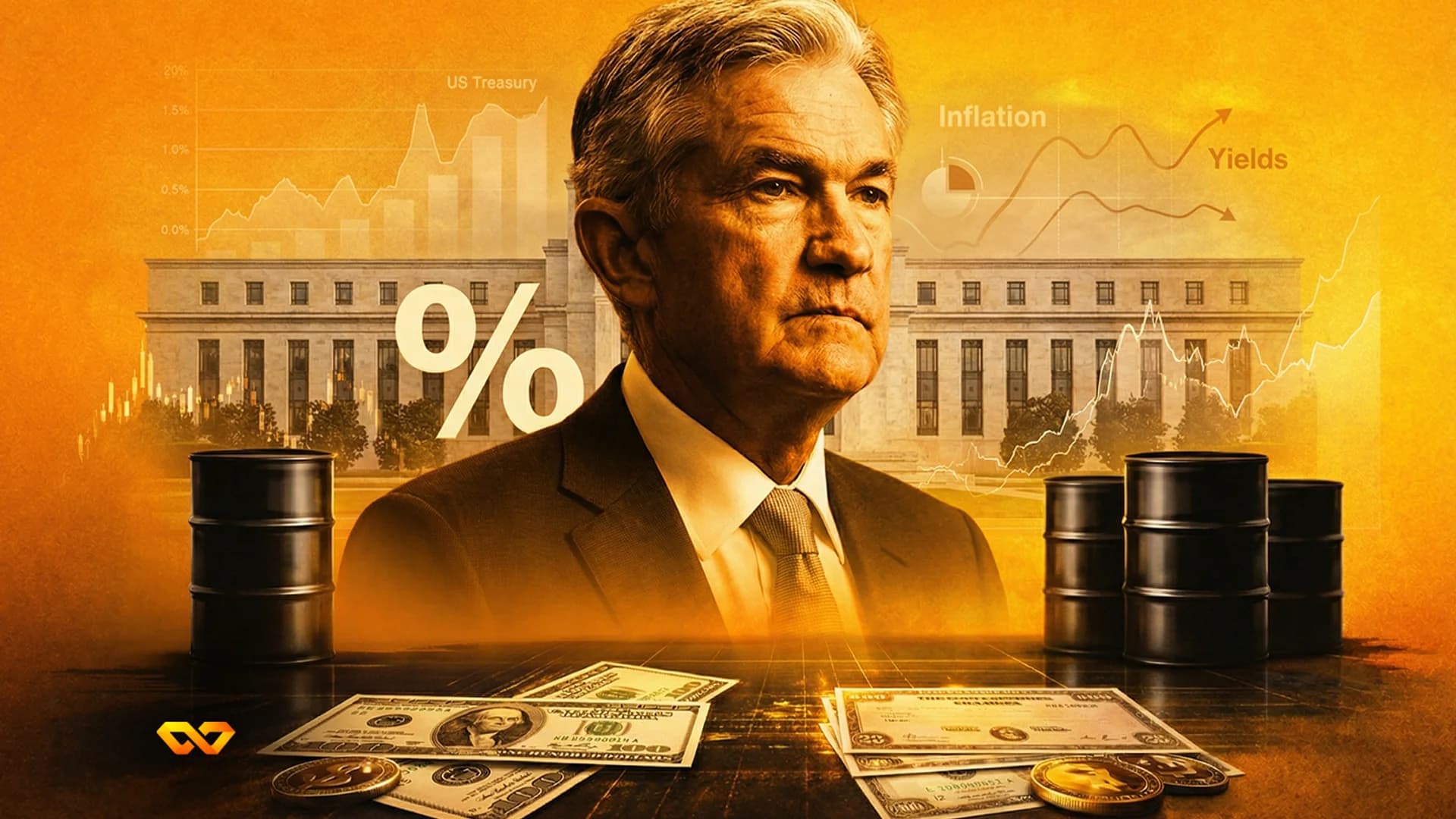 مبنى الاحتياطي الفيدرالي في واشنطن مع العلم الأمريكي في المقدمة