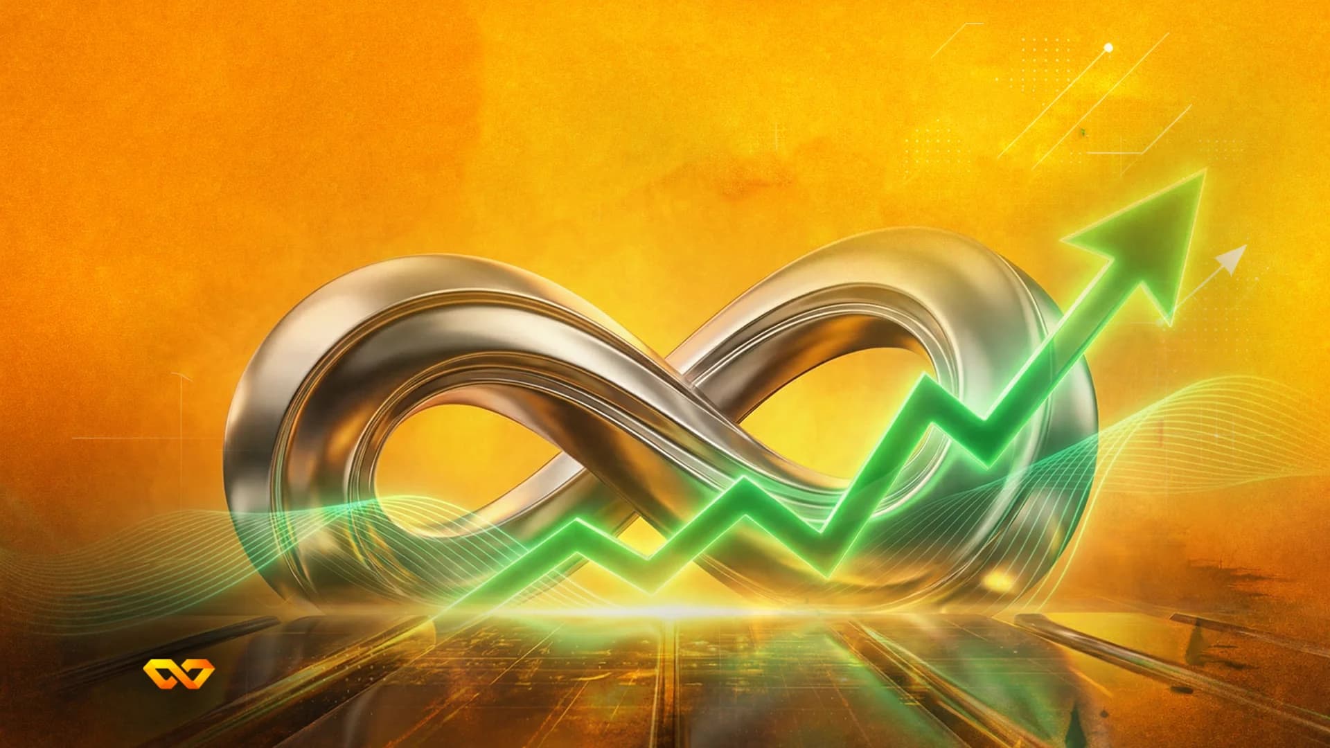 Metallic golden infinity symbol with a glowing green upward-trending arrow on a textured orange background. A small orange logo is in the bottom left.