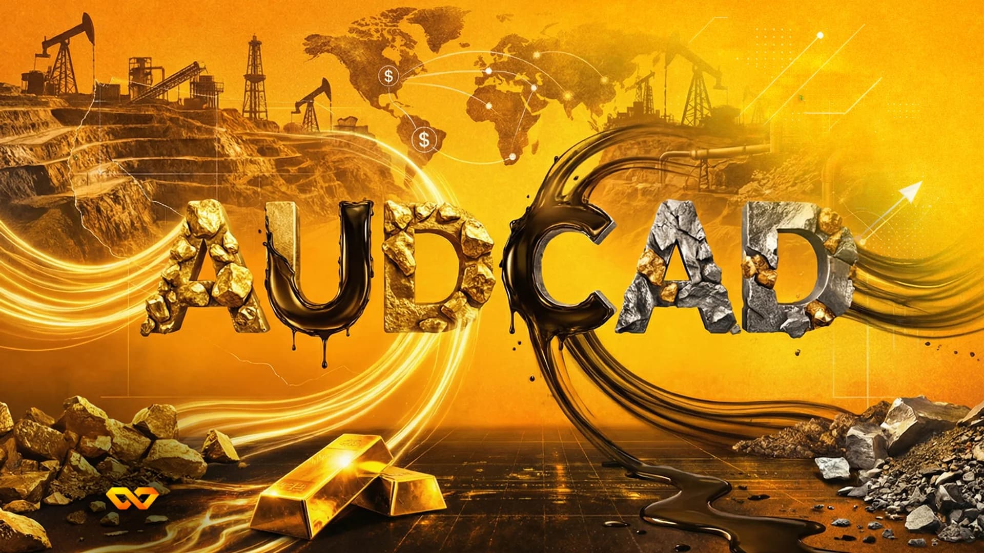The letters AUDCAD, with AUD made of gold and CAD of rock and oil, against a backdrop of mines, oil rigs, and a world map.