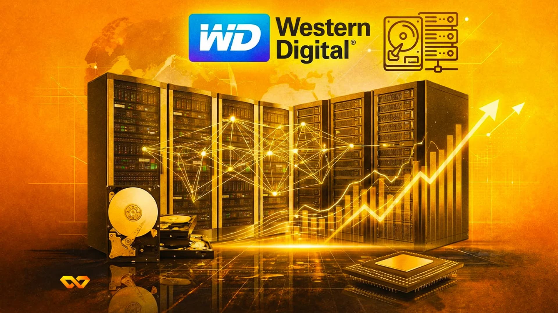 Western Digital logo above server racks, hard drives, and a CPU chip, with glowing data lines and a rising growth chart on an orange background.