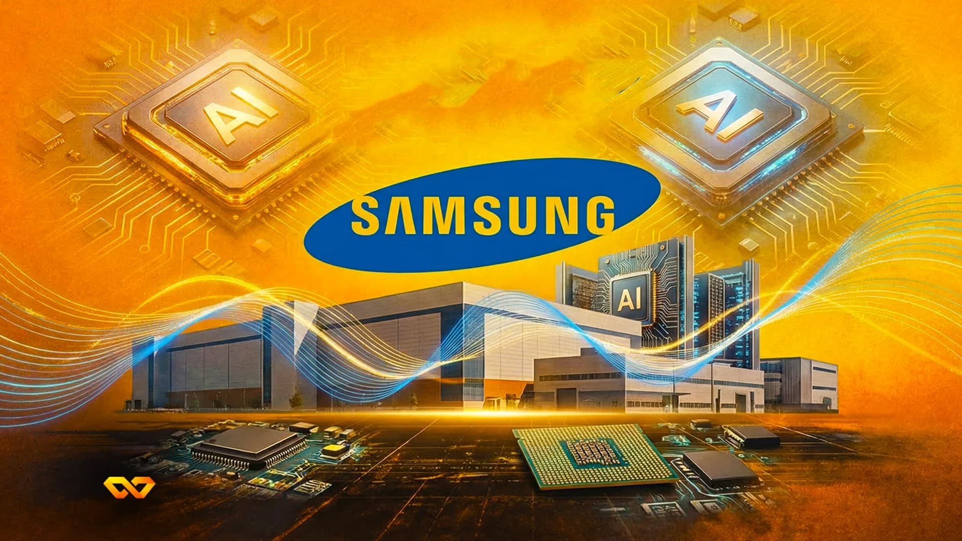 Samsung logo, AI processors, and a factory building with glowing blue lines on an orange background with circuit patterns.