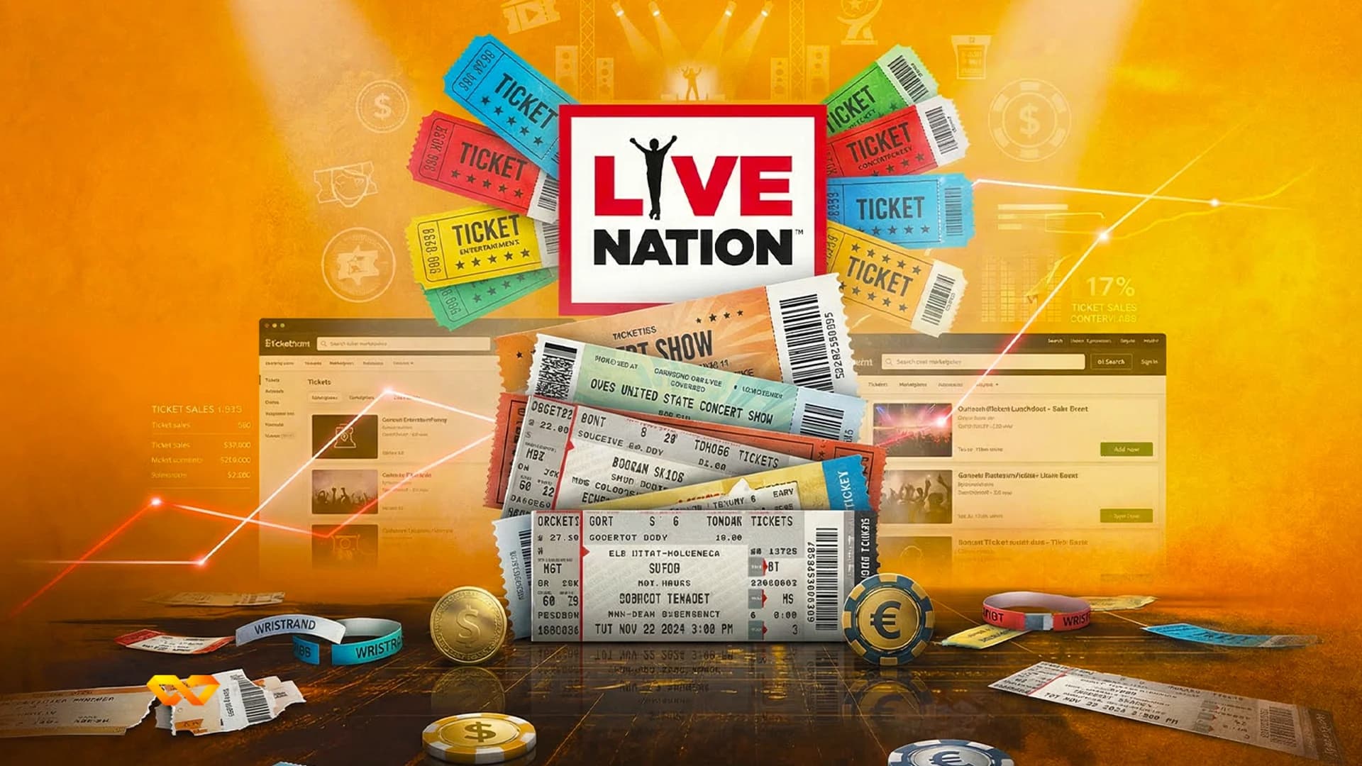 Live Nation logo surrounded by colorful event tickets, coins, wristbands, and digital screens displaying sales data and event listings.