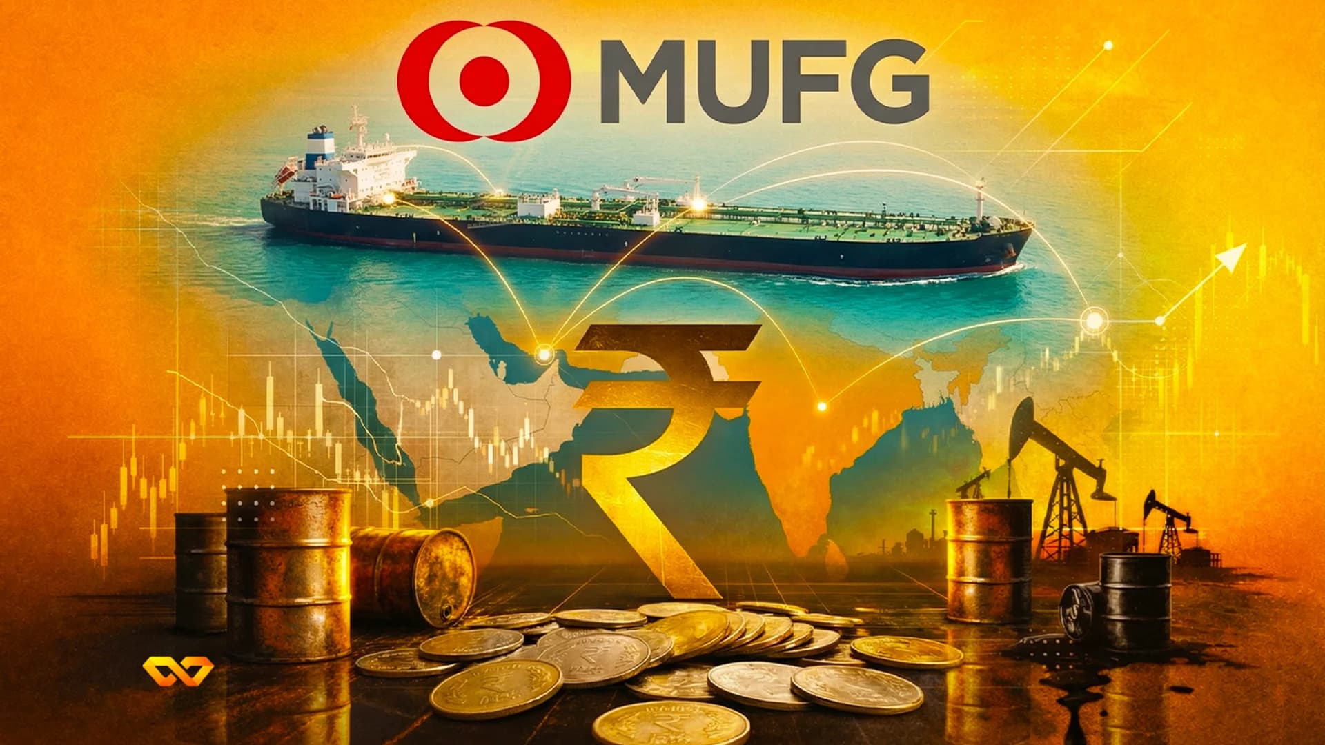 MUFG logo above an oil tanker, world map, Indian Rupee symbol, oil barrels, derricks, and gold coins.