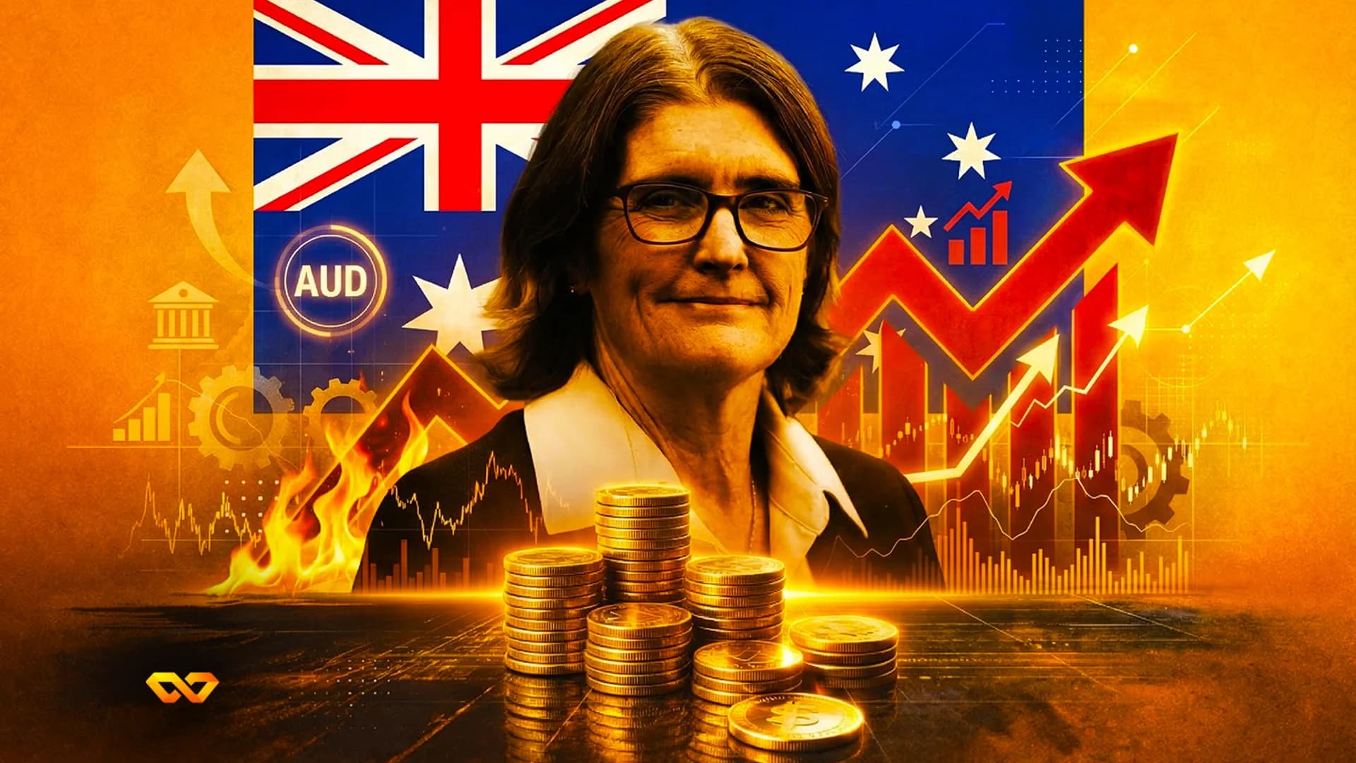 A woman in glasses against an Australian flag background with financial charts, upward arrows, AUD symbol, and stacks of gold coins, one showing a Bitcoin logo.