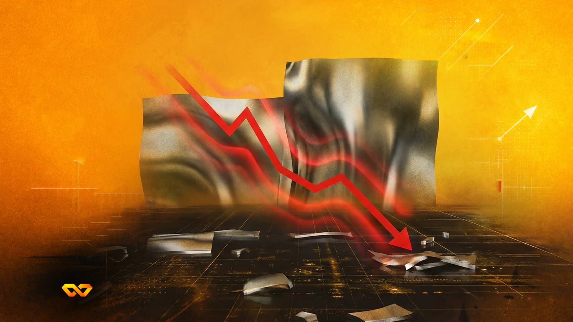 Red arrow pointing down over two crumpled metallic structures and scattered debris on a dark, grid-patterned ground. Orange background.
