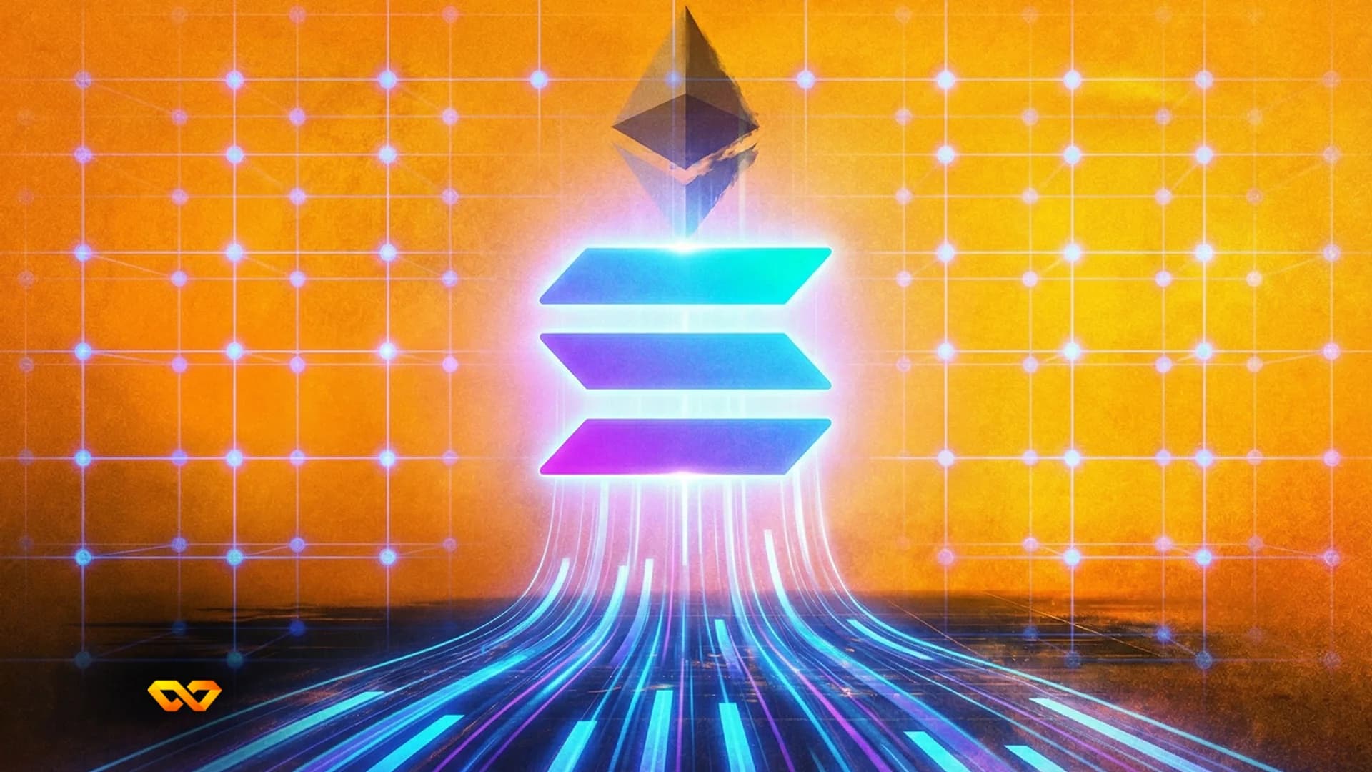 Glowing Solana logo on a digital background with green and purple gradients