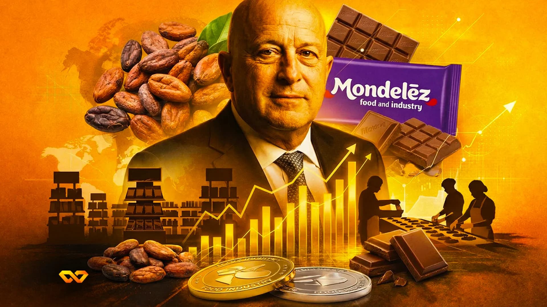 A businessman in a suit with cacao beans, chocolate products, a world map, and financial charts. Silhouettes of workers and factories are also visible.