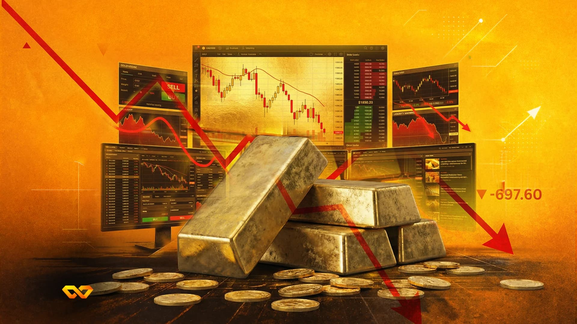 Gold bars and coins on a table with multiple computer screens displaying financial charts and a large red downward arrow.