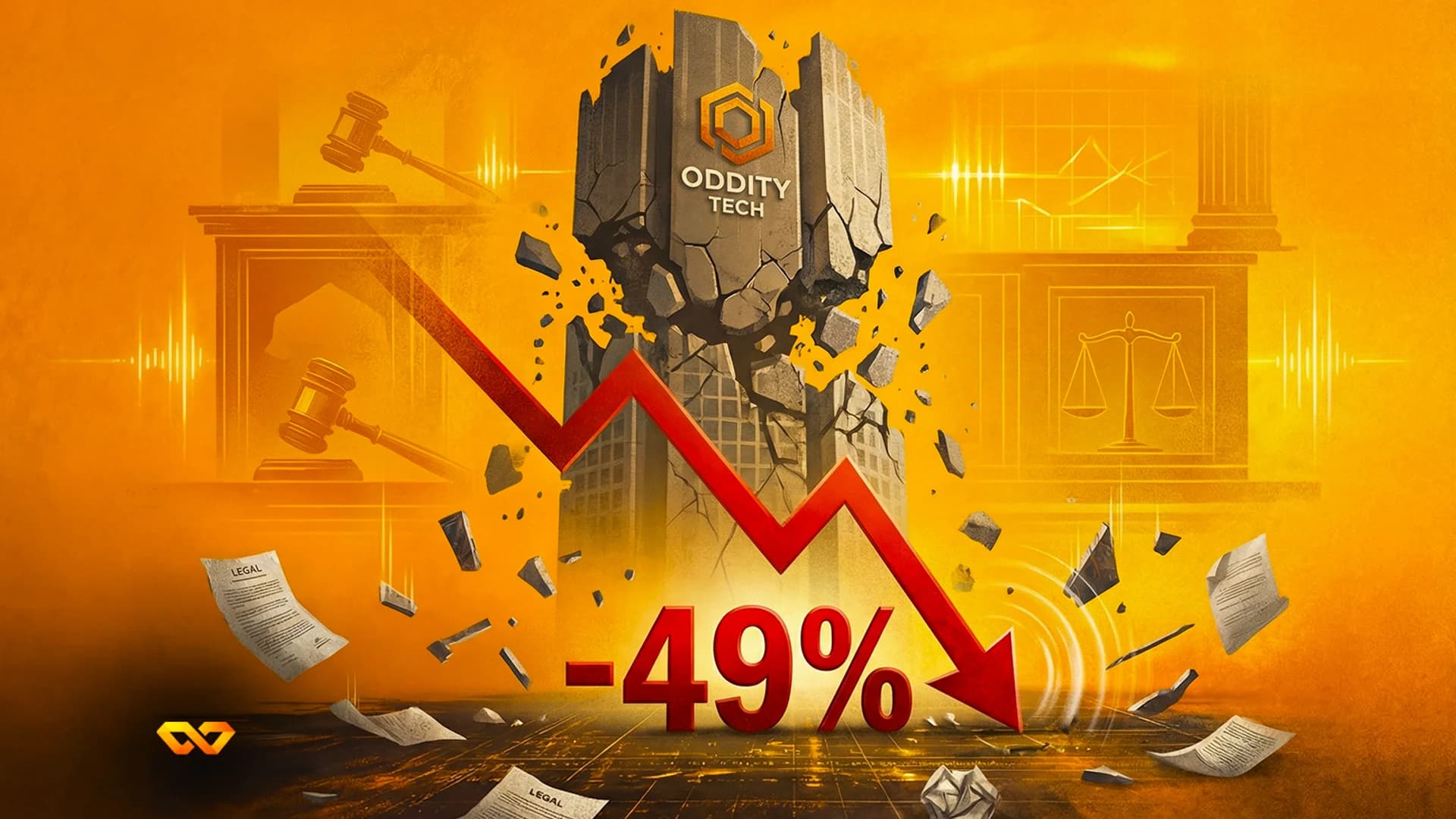 Logotipo de ODDITY Tech en una pantalla bursátil con gráfico de acciones tecnológicas