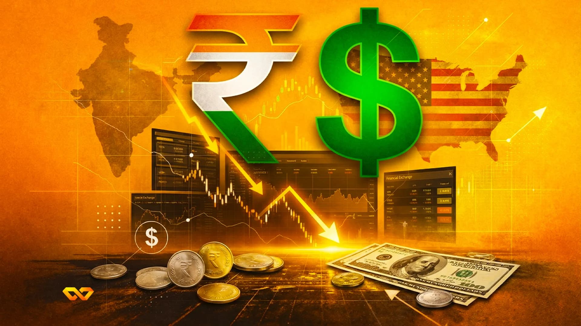 Indian Rupee and US Dollar symbols with maps of India and USA, financial charts, coins, and dollar bills on an orange background.