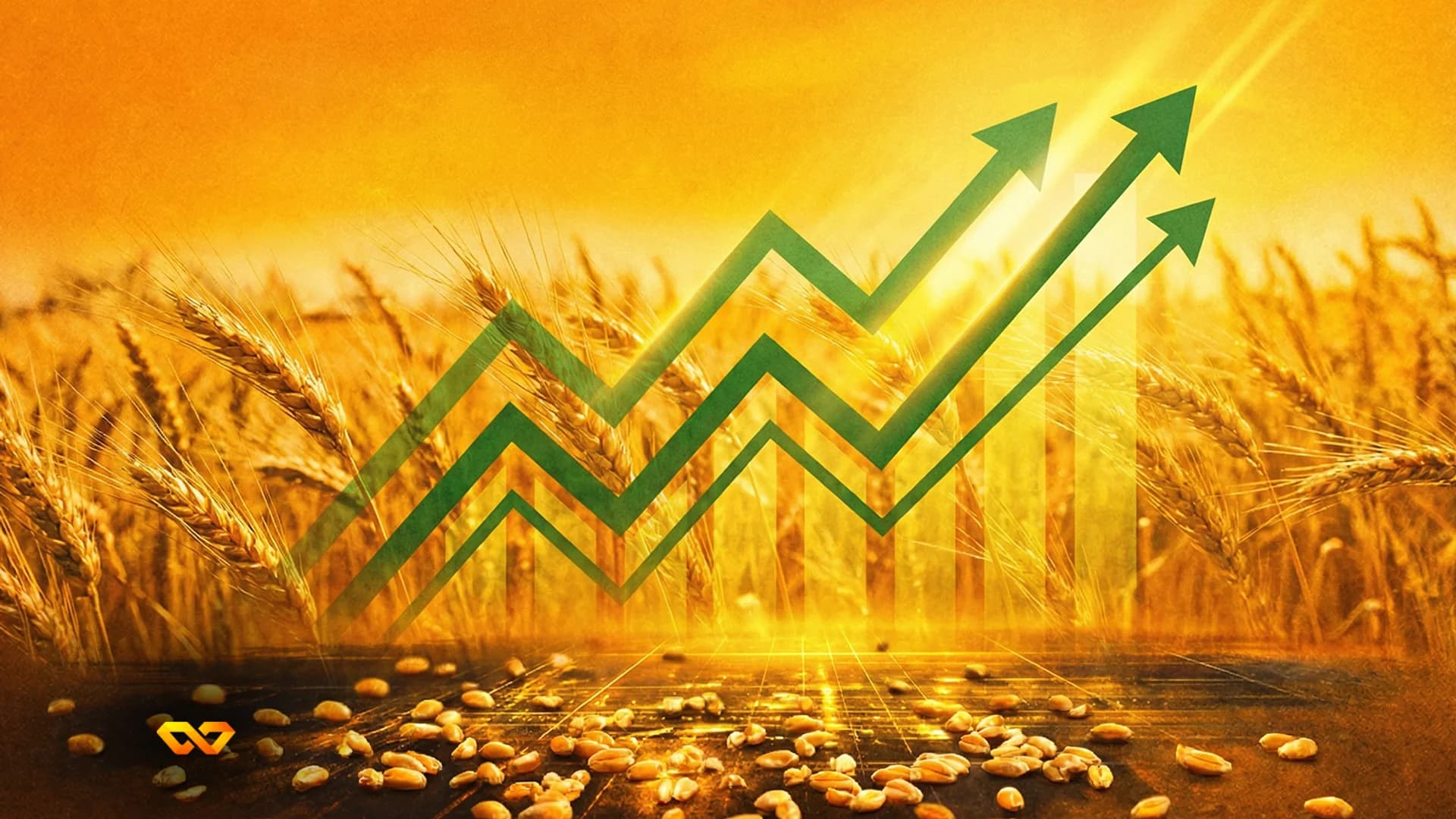 Golden wheat field with ripe stalks under a bright sky, scattered grains in the foreground, and green upward-trending arrows.