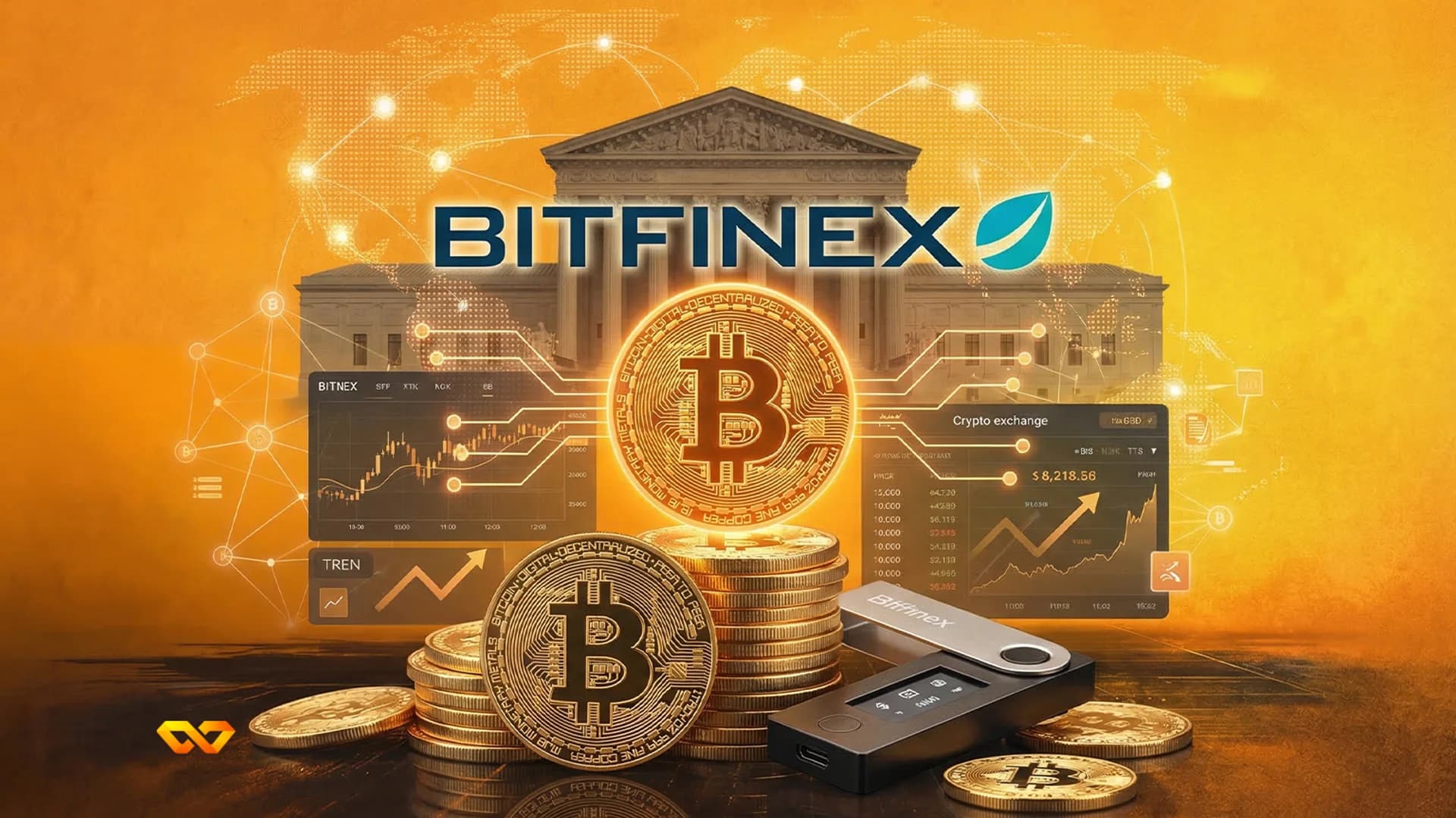 Glowing cryptocurrency symbols on a trading screen with a rising price chart