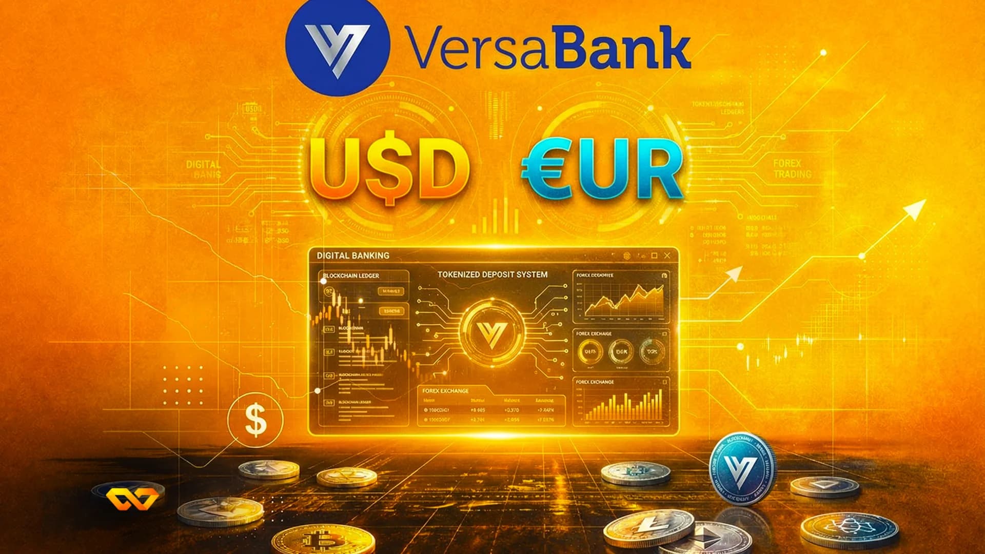 VersaBank logo, USD, and EUR text on an orange digital background with circuit patterns. A 'Digital Banking' interface displays charts. Scattered coins include Bitcoin, Ethereum, Solana, and a dollar 