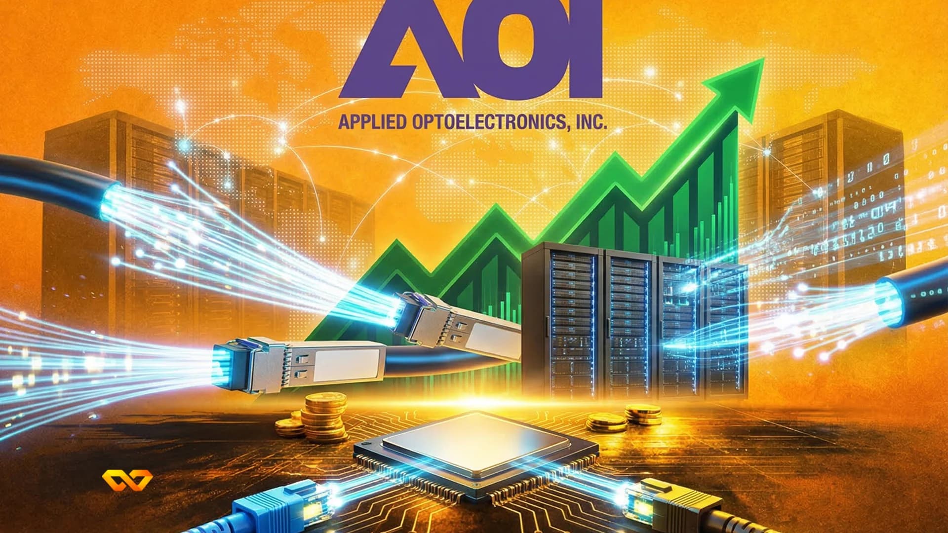 Logo of Applied Optoelectronics, Inc. (AOI) with a green upward chart, server racks, fiber optic cables, a microchip, and gold coins on an orange background.