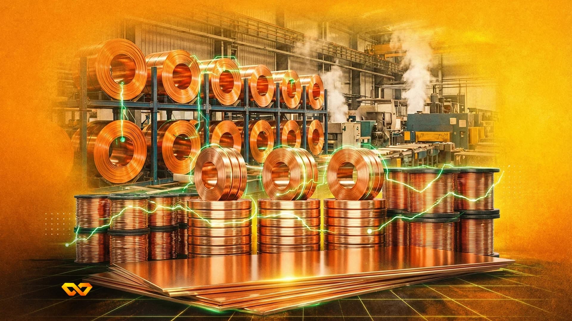 Copper coils and sheets in a factory setting with green lightning-like lines overlaid. Industrial machinery and smoke are in the background.