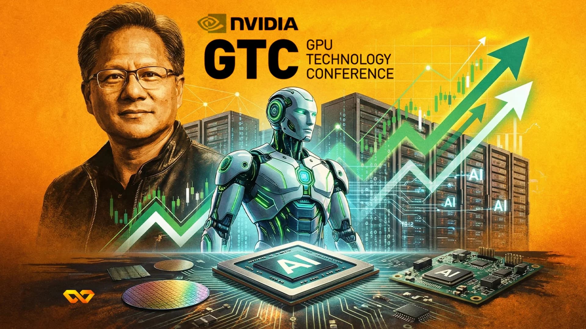Nvidia logo on a market screen with stock chart and AI technology visuals