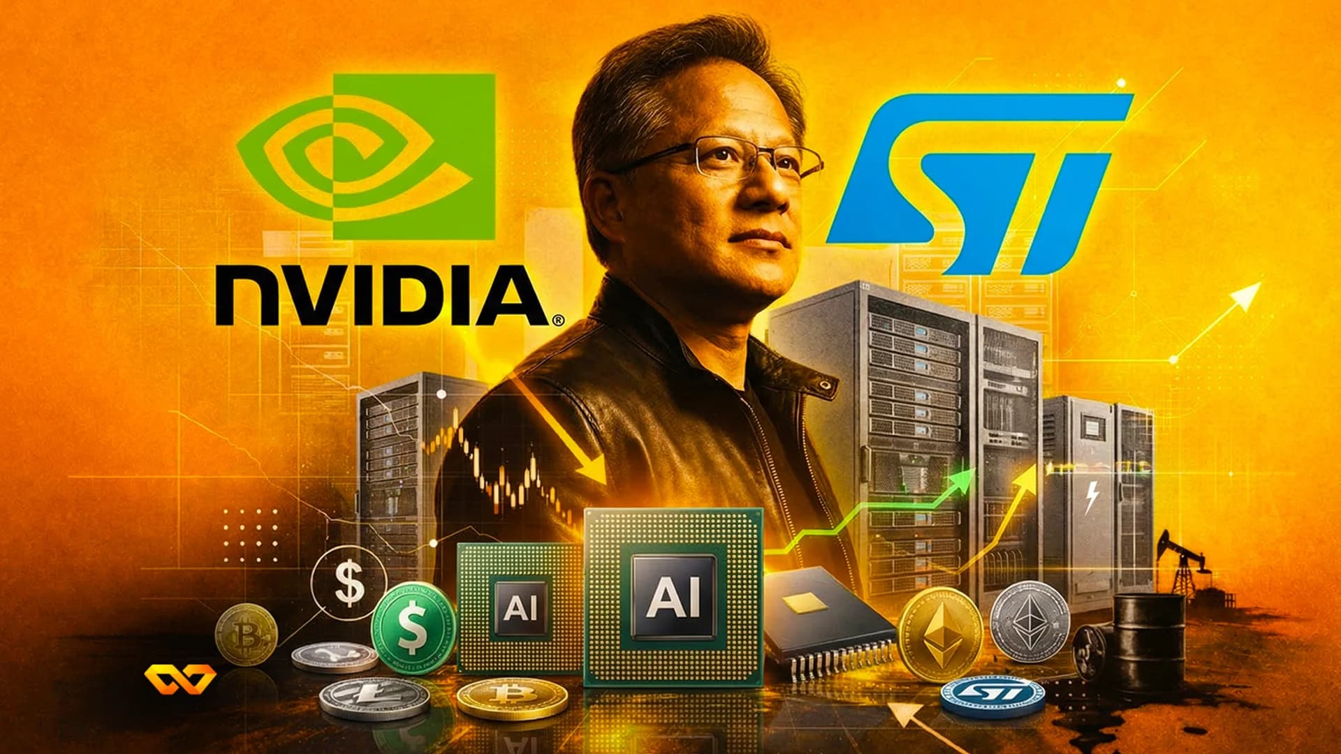 شعار إنفيديا على شاشة رقمية مع خلفية من لوحات إلكترونية وأسهم سوق