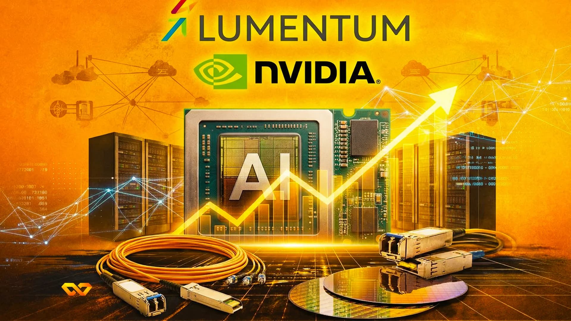 Lumentum and Nvidia logos above a computer chip with 'AI', server racks, fiber optic cables, and silicon wafers, with an upward trend arrow.